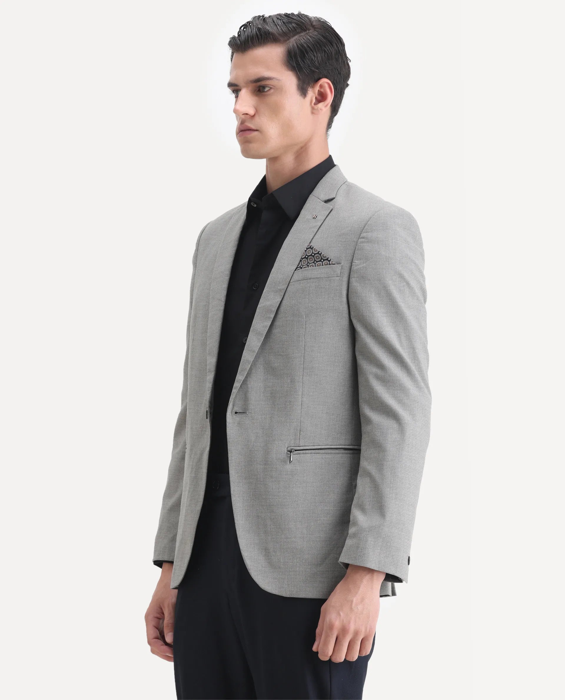 Rare Rabbit Men's Micro Grey Polyester Checked Print Tailored Fit Full Sleeve Lapel Neck Blazer