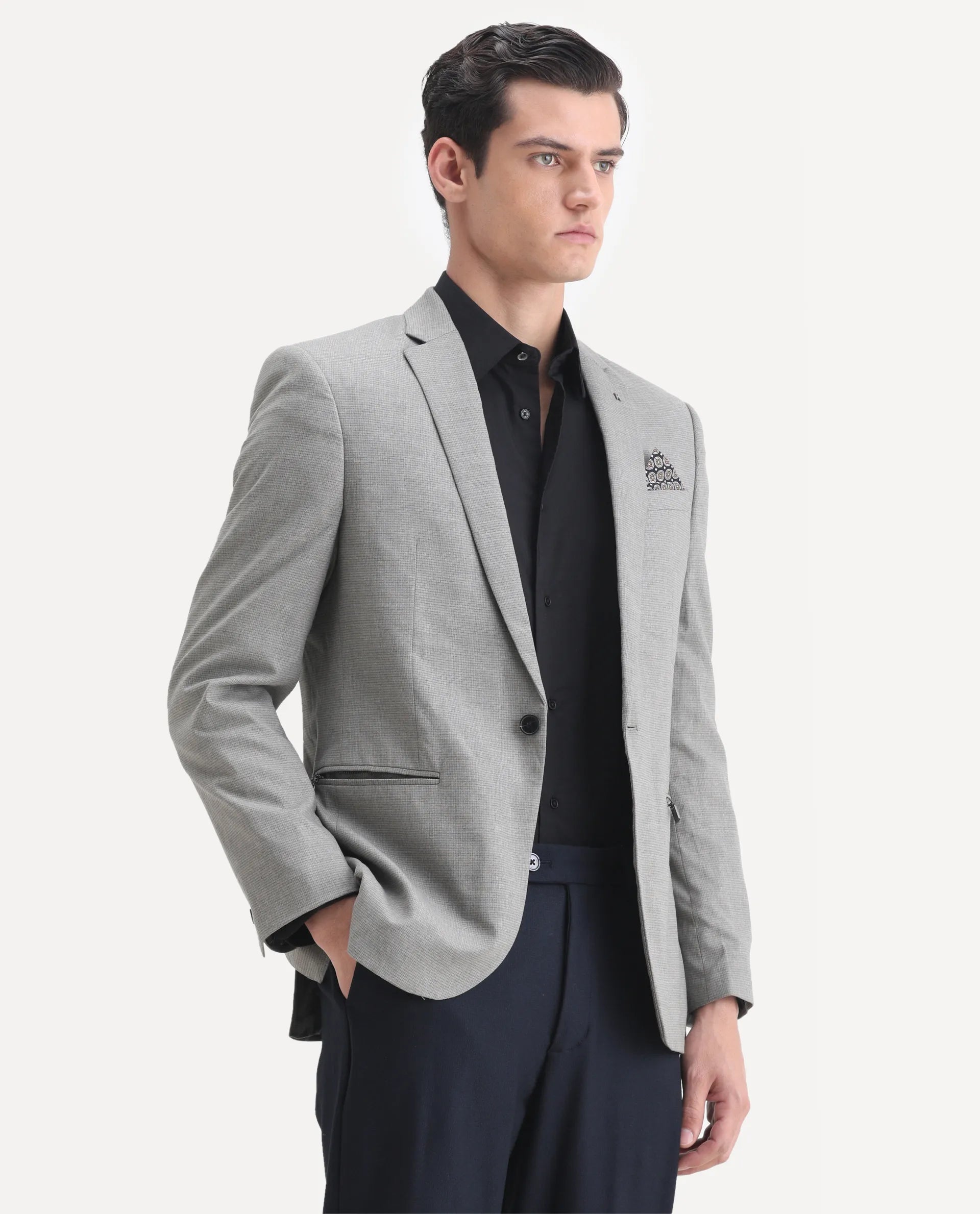 Rare Rabbit Men's Micro Grey Polyester Checked Print Tailored Fit Full Sleeve Lapel Neck Blazer