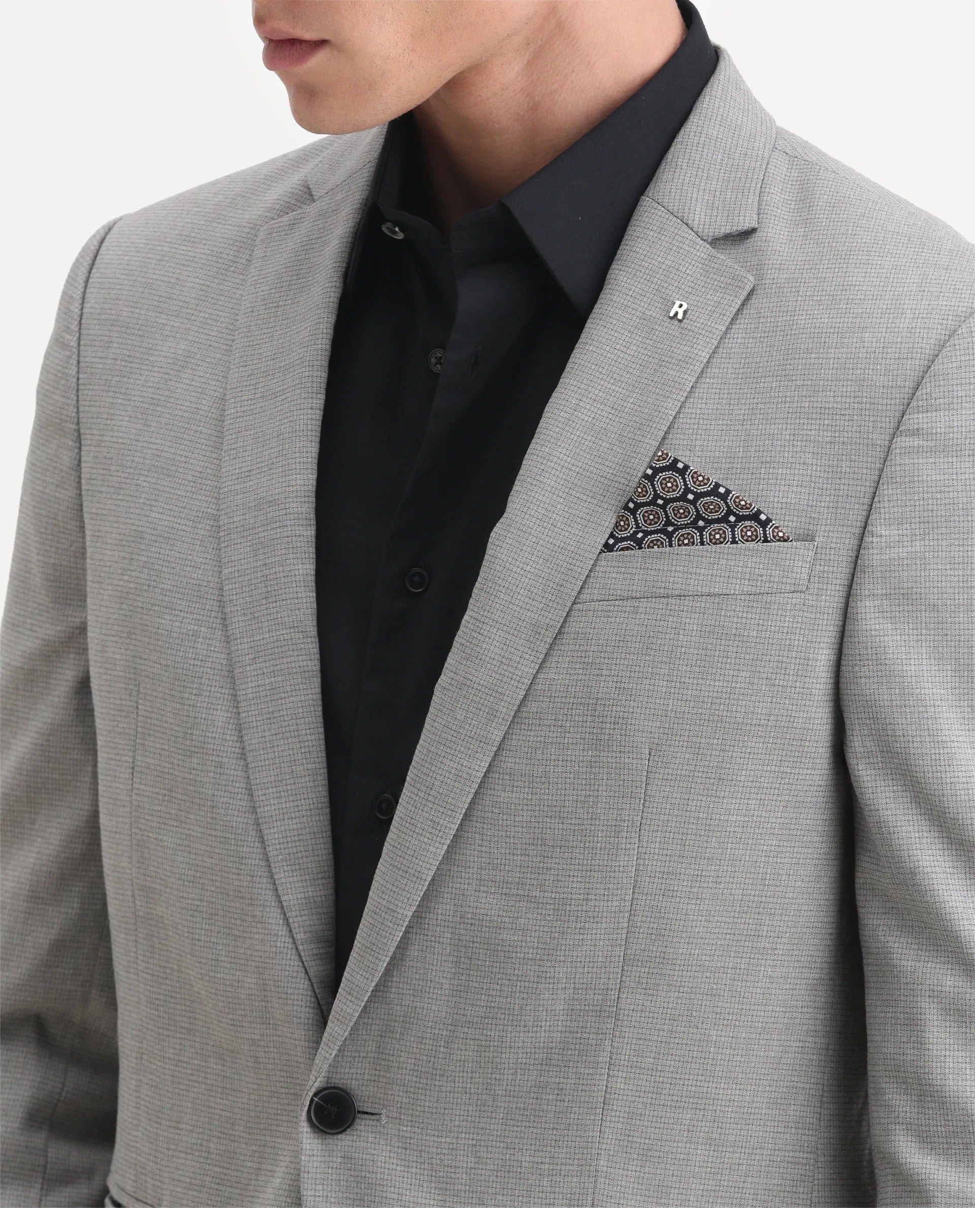 Rare Rabbit Men's Micro Grey Polyester Checked Print Tailored Fit Full Sleeve Lapel Neck Blazer