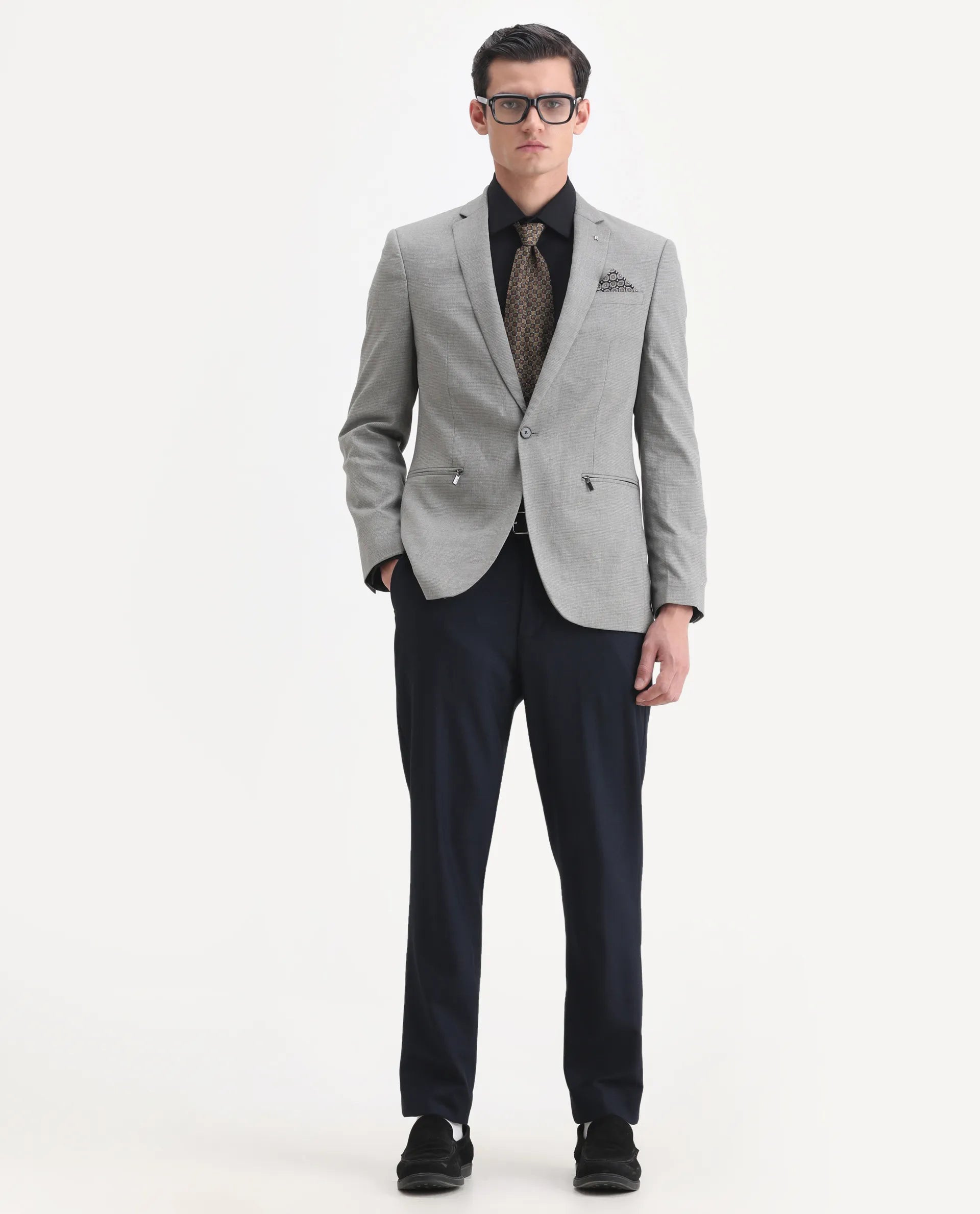 Rare Rabbit Men's Micro Grey Polyester Checked Print Tailored Fit Full Sleeve Lapel Neck Blazer