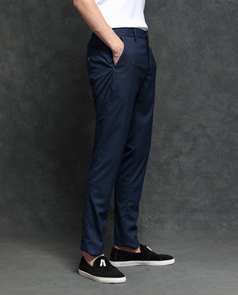 Rare Rabbit Men's Microl Navy Solid Mid-Rise Premium Regular Fit Trouser