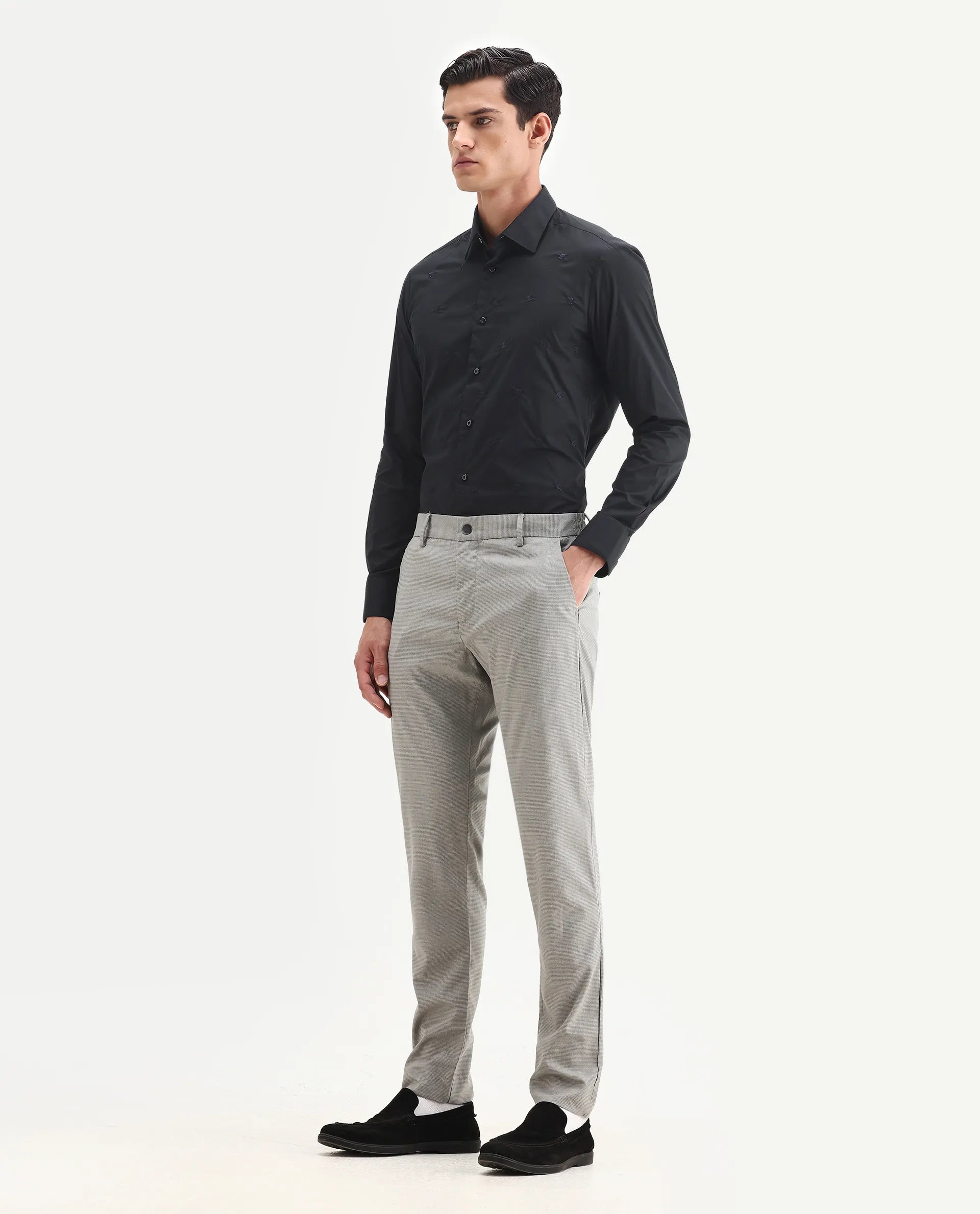 Rare Rabbit Men's Microl Grey Polyester Checked Print Regular Fit Trouser