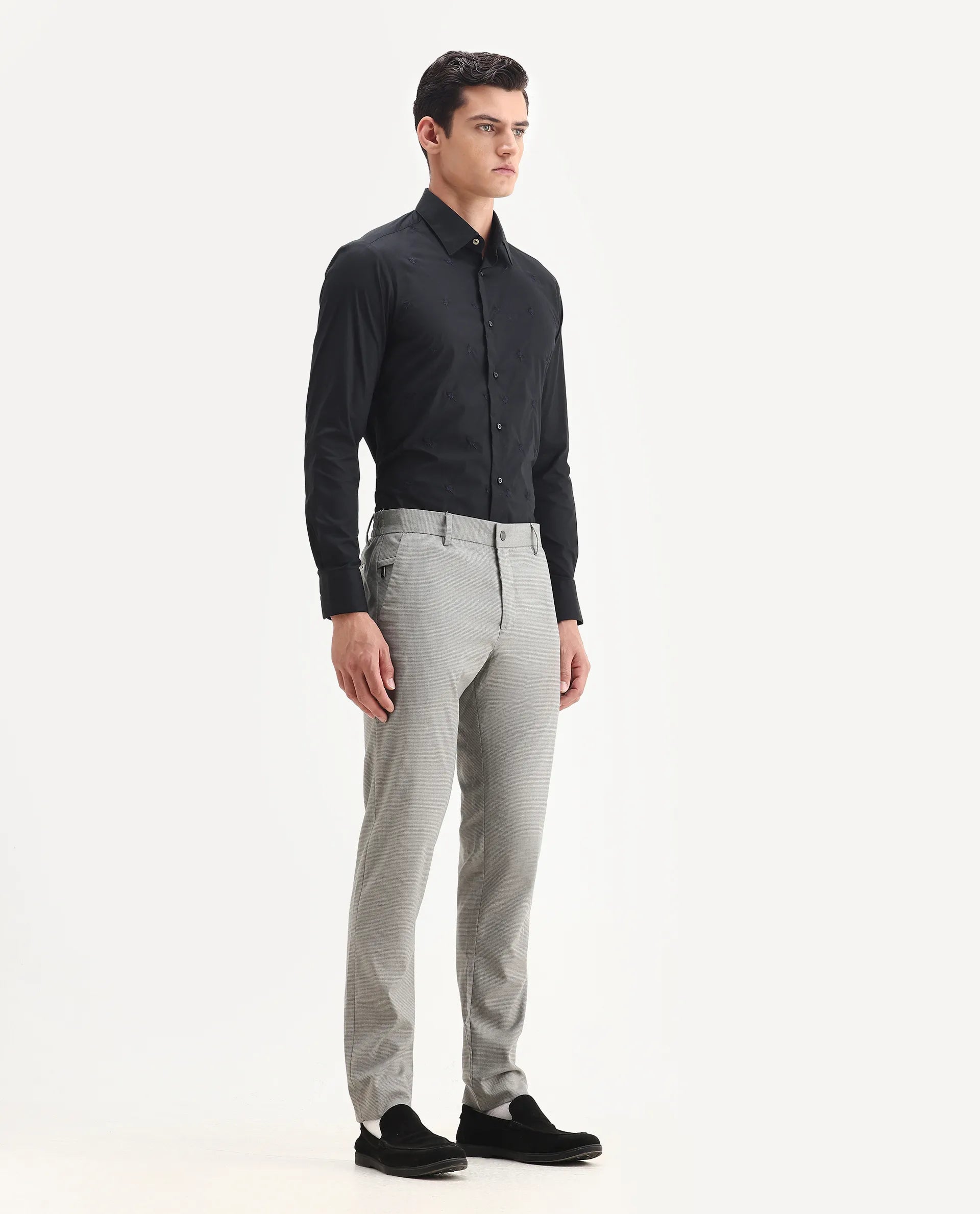 Rare Rabbit Men's Microl Grey Polyester Checked Print Regular Fit Trouser