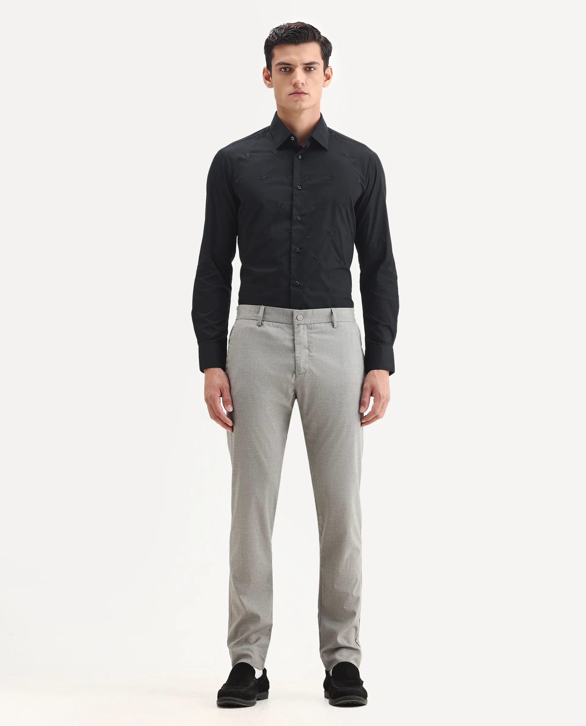 Rare Rabbit Men's Microl Grey Polyester Checked Print Regular Fit Trouser