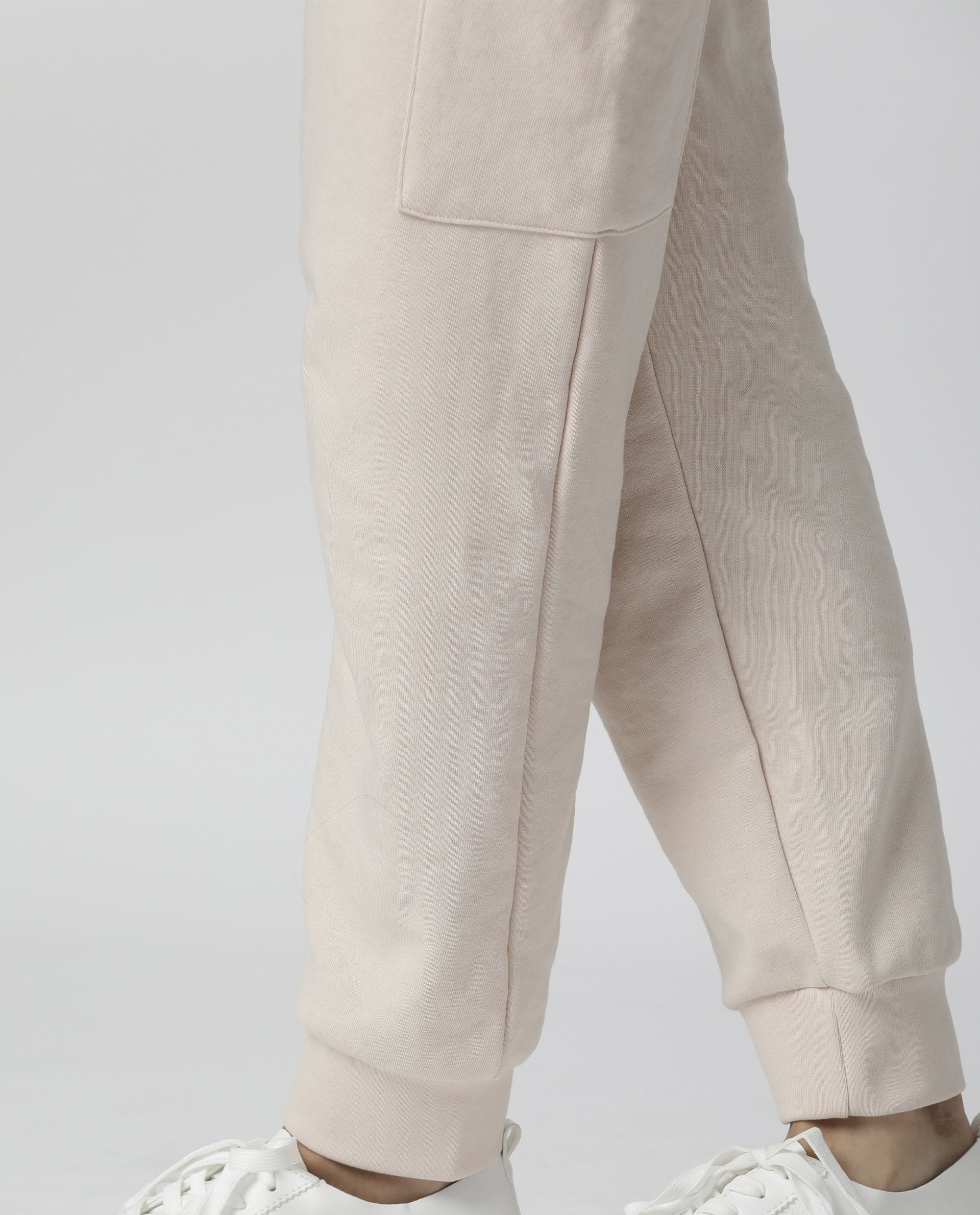 Rareism Women Nush Beige Cotton Poly Fabric Tailored Fit Solid Mid Rise Ankle Length Track Pant