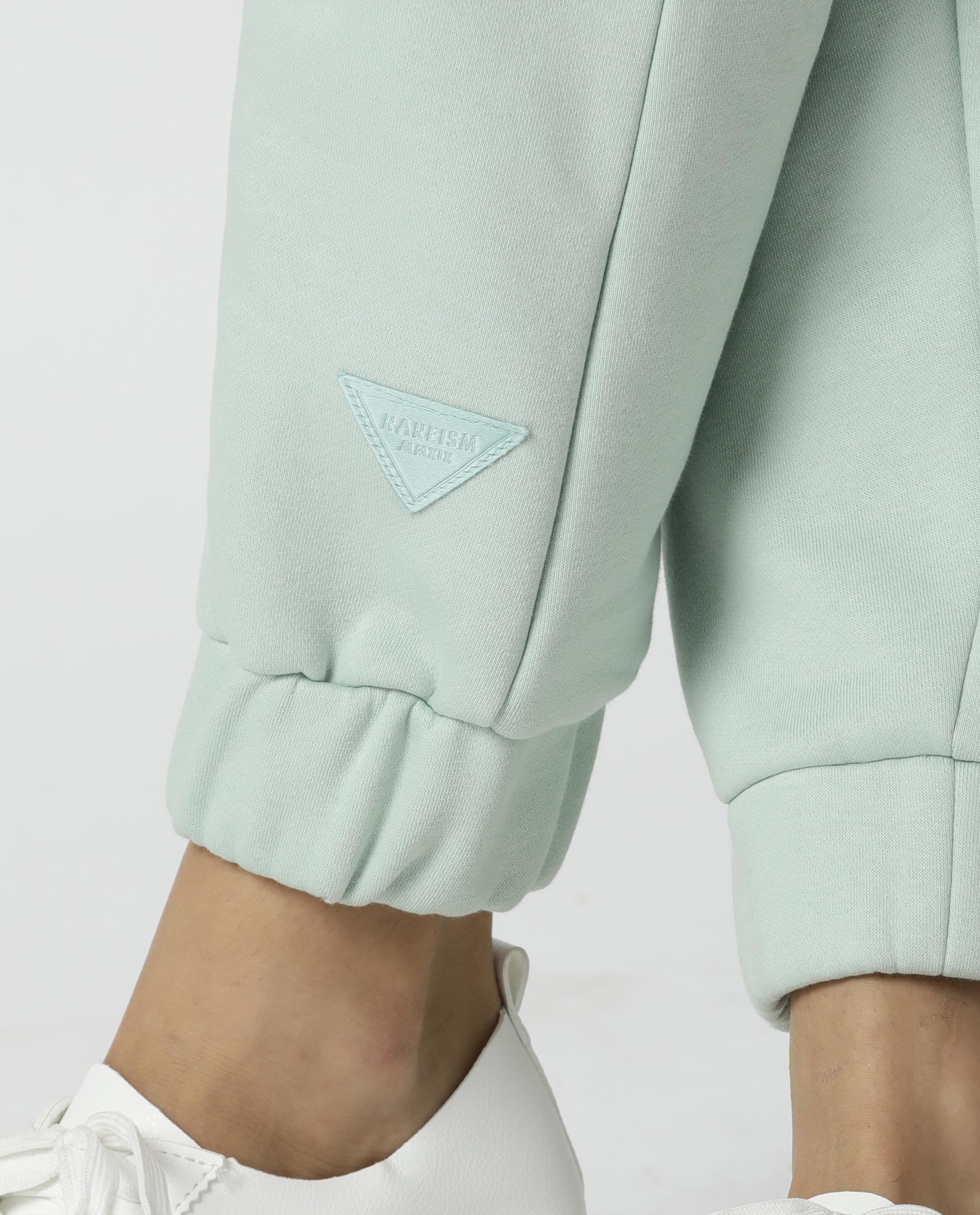 Rareism Women Neo Green Poly Cotton Fabric Tailored Fit Solid Mid Rise Ankle Length Track Pant