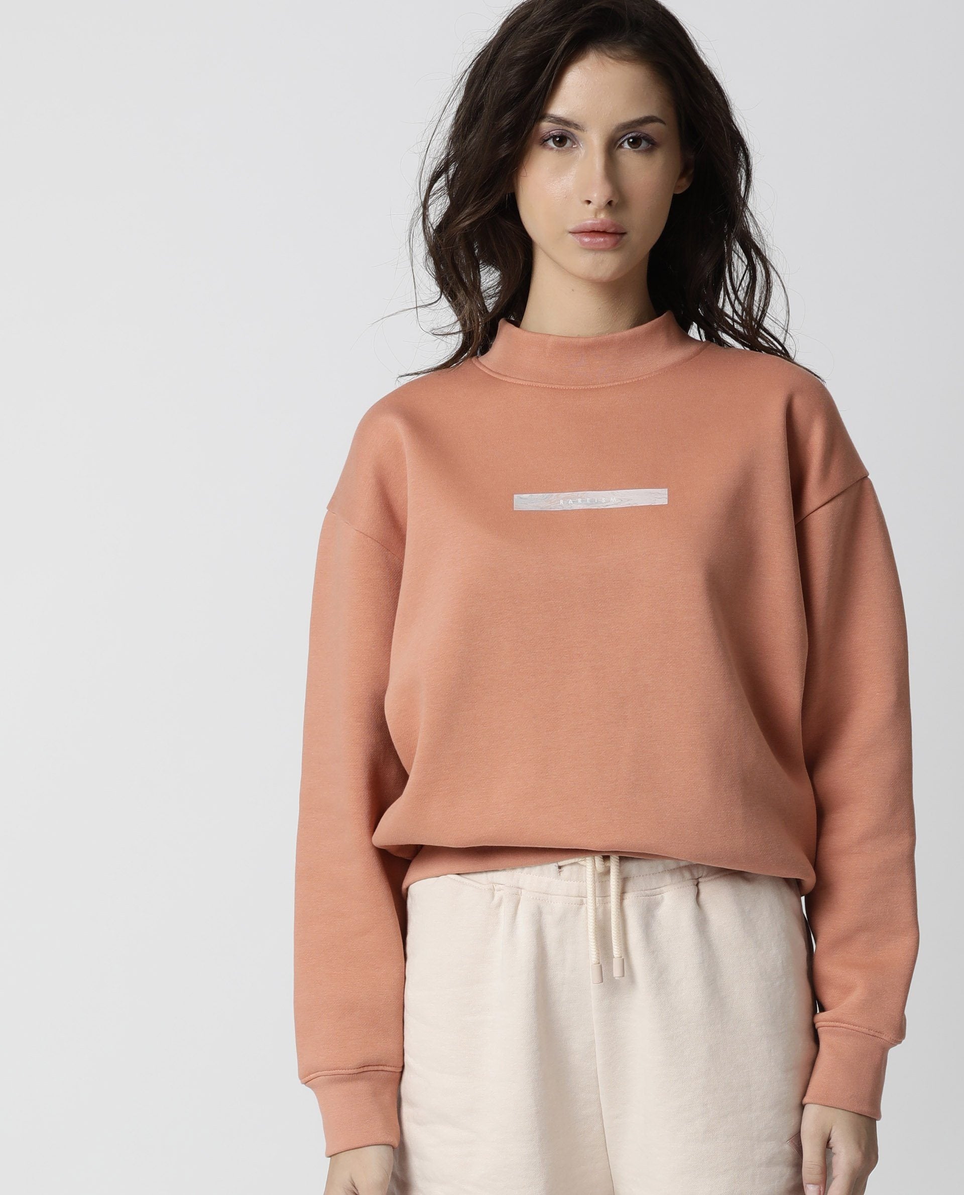 Rareism Womens Fury Orange Sweatshirt Relaxed Fit Full Sleeves