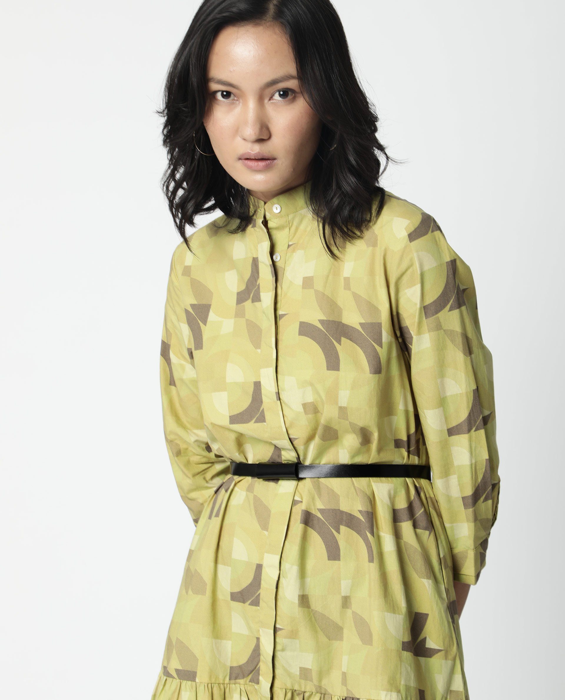 Buy Ghost - Green Abstract Print Mandarin Collar Shirt Midi Dress| Rareism