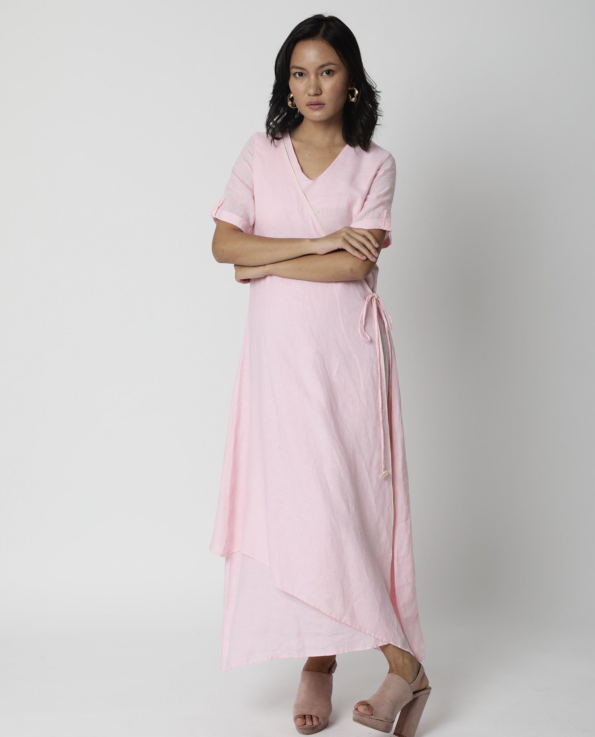 Rareism Womens Doodle Pink Cotton Linen Fabric Relaxed Fit Long Length Round Neck