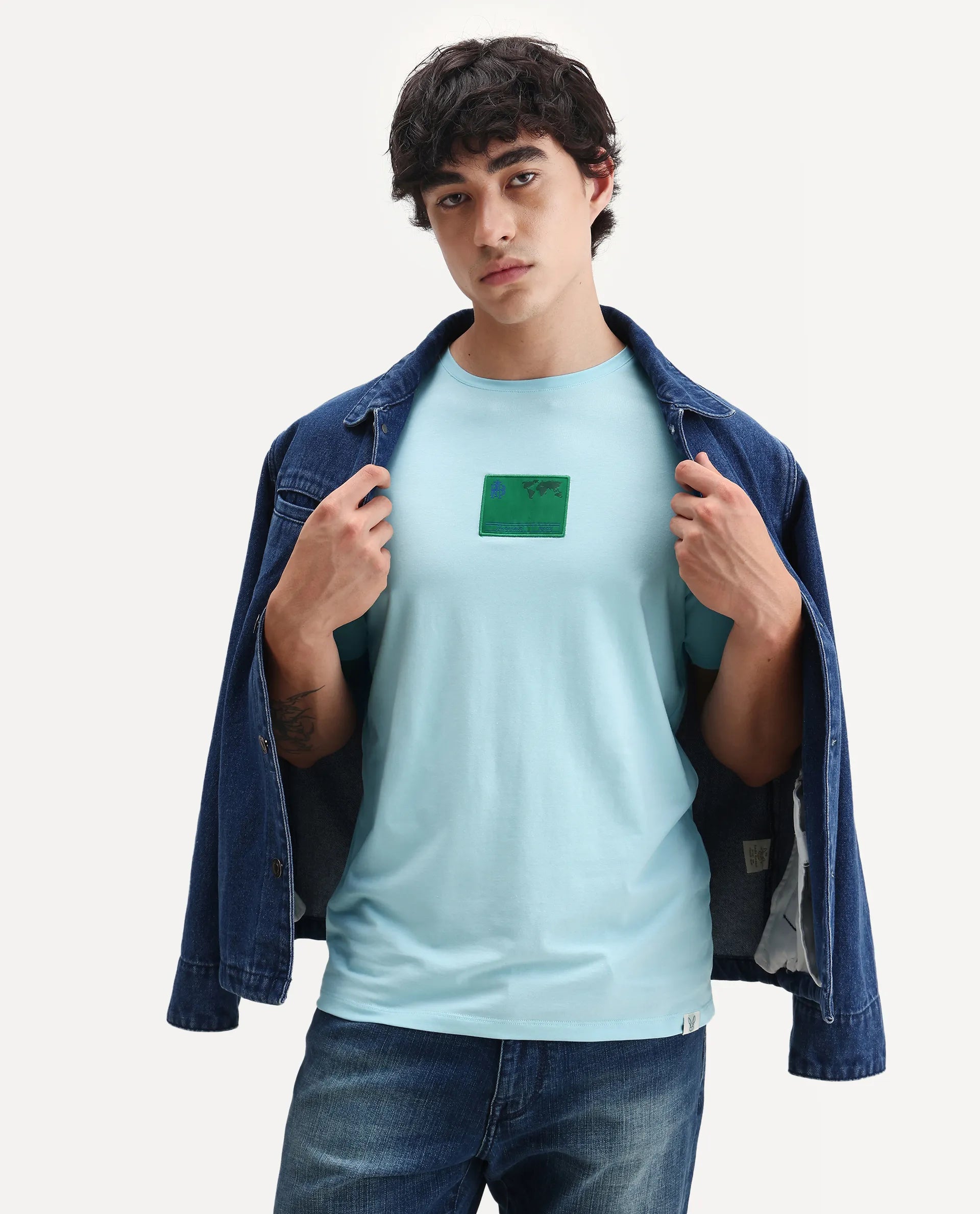 Rare Rabbit Men's Mikai Light Blue Cotton Blend Label Print Relaxed Fit Half Sleeve Crew Neck T-Shirt