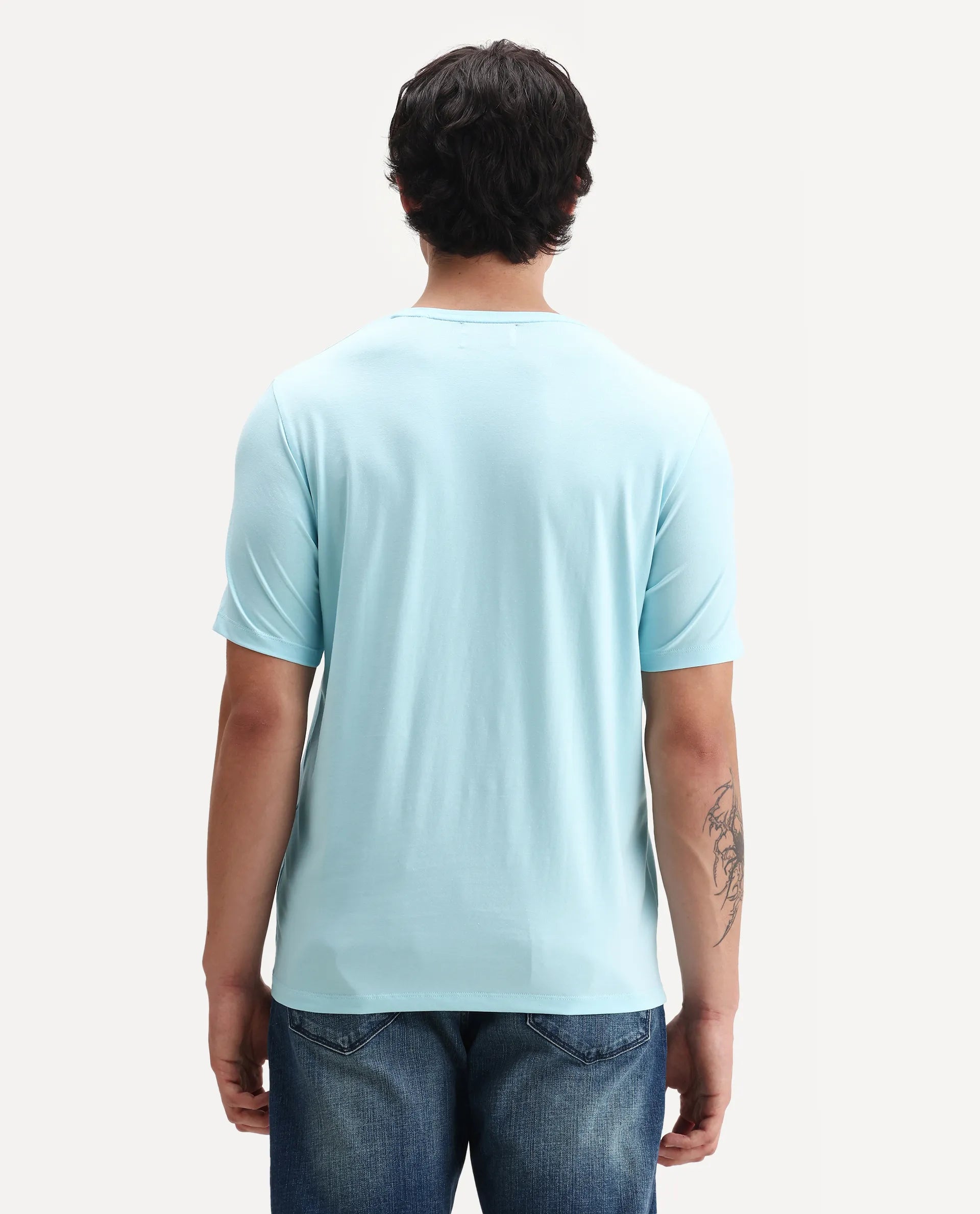 Rare Rabbit Men's Mikai Light Blue Cotton Blend Label Print Relaxed Fit Half Sleeve Crew Neck T-Shirt