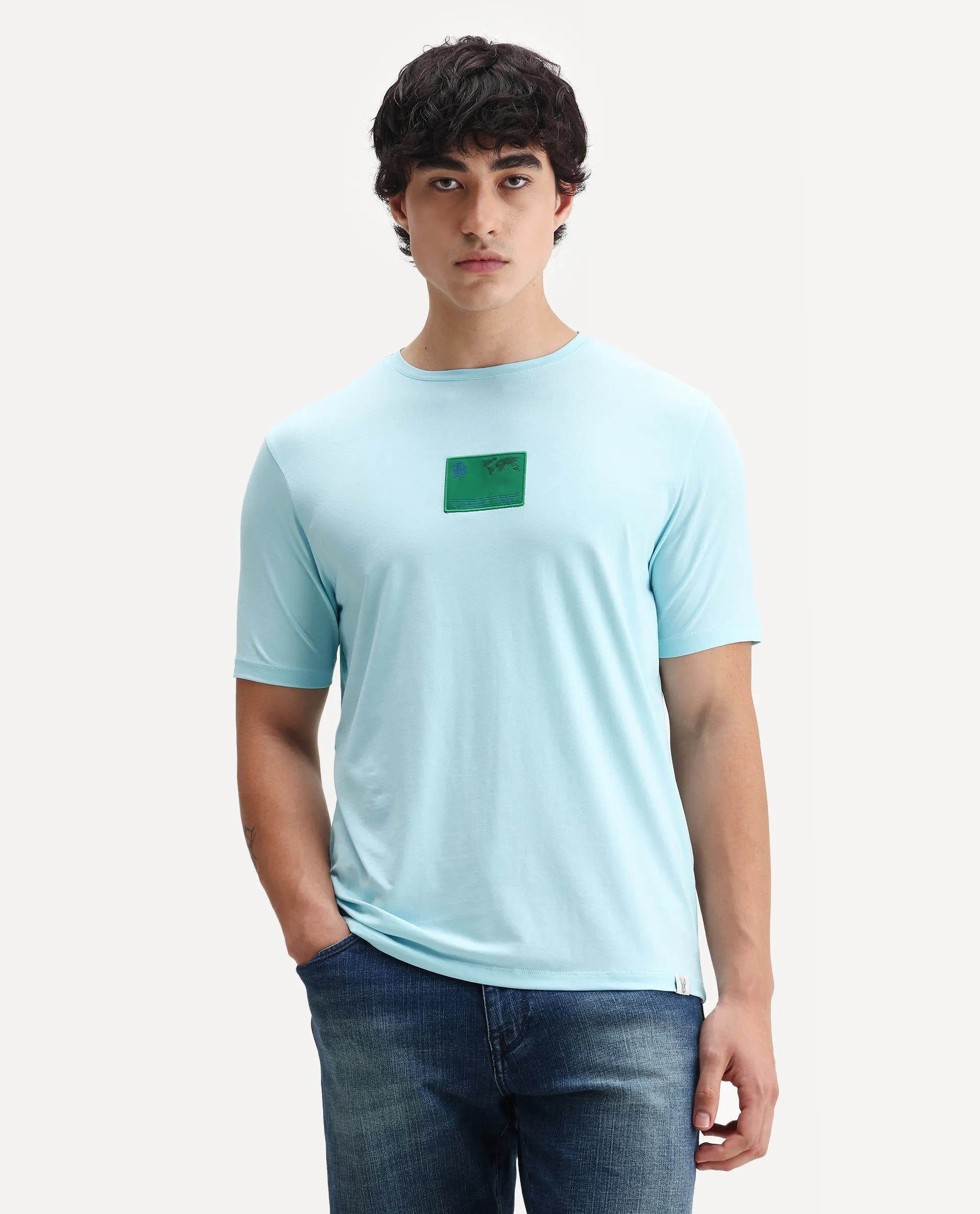 Rare Rabbit Men's Mikai Light Blue Cotton Blend Label Print Relaxed Fit Half Sleeve Crew Neck T-Shirt
