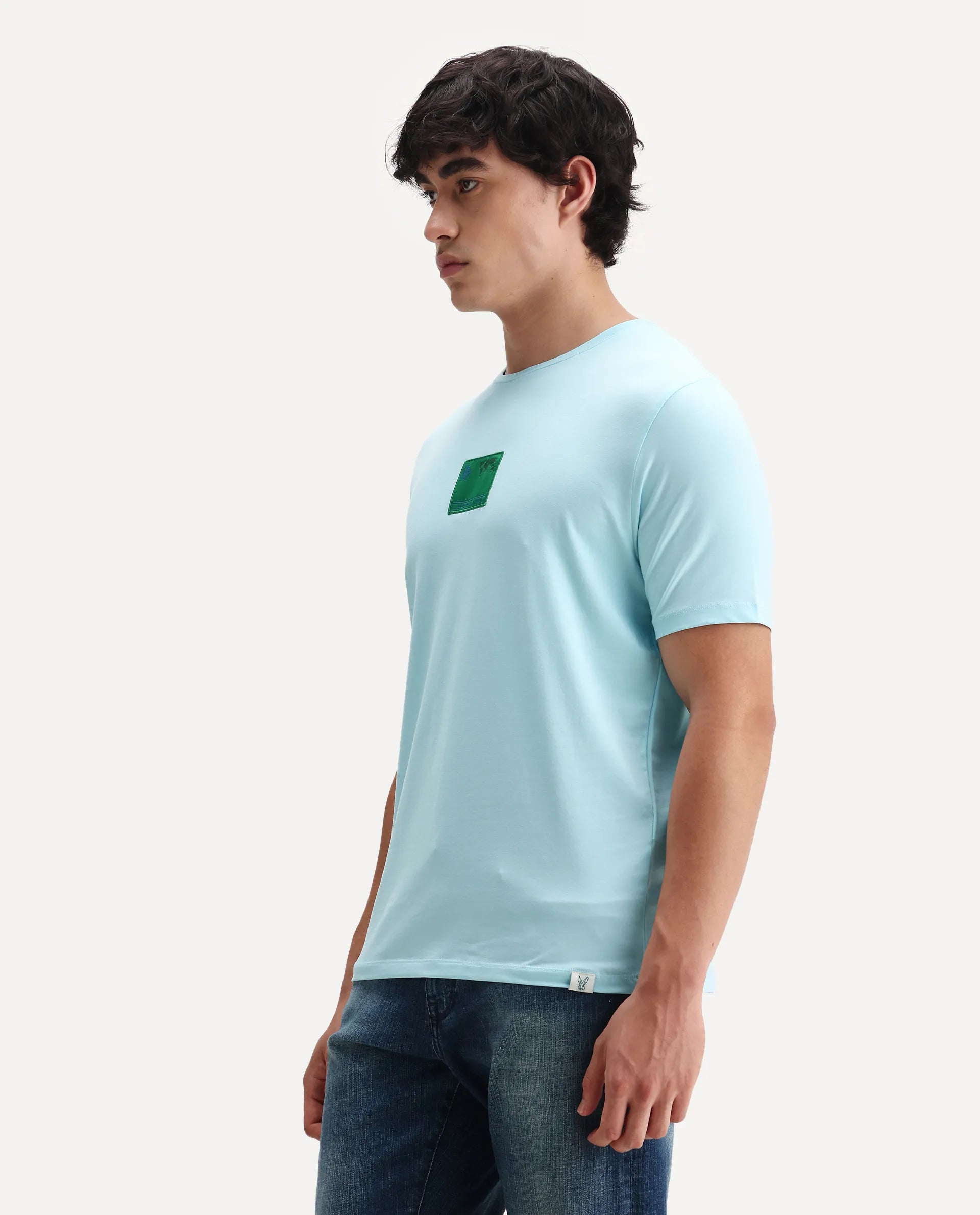 Rare Rabbit Men's Mikai Light Blue Cotton Blend Label Print Relaxed Fit Half Sleeve Crew Neck T-Shirt