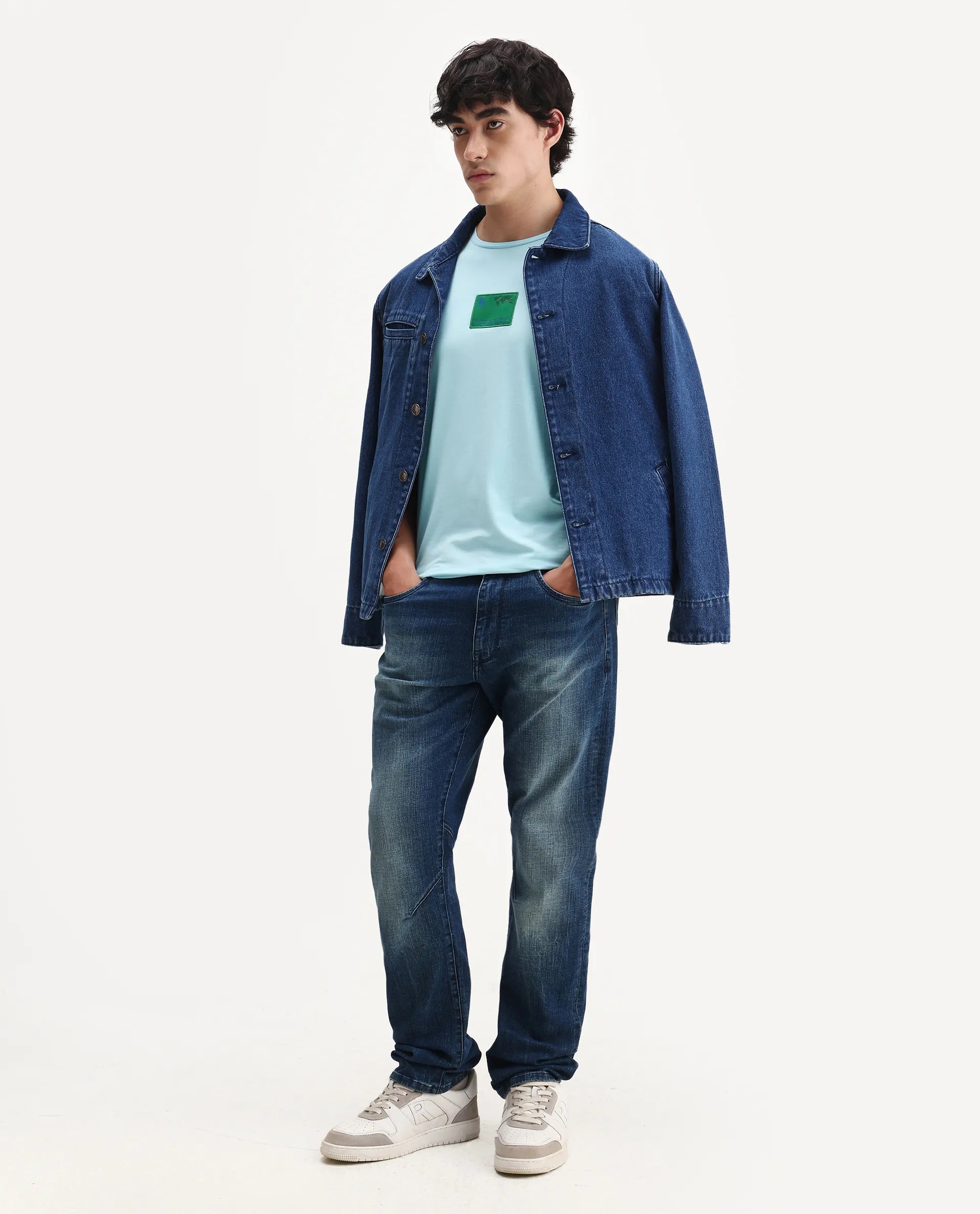 Rare Rabbit Men's Mikai Light Blue Cotton Blend Label Print Relaxed Fit Half Sleeve Crew Neck T-Shirt