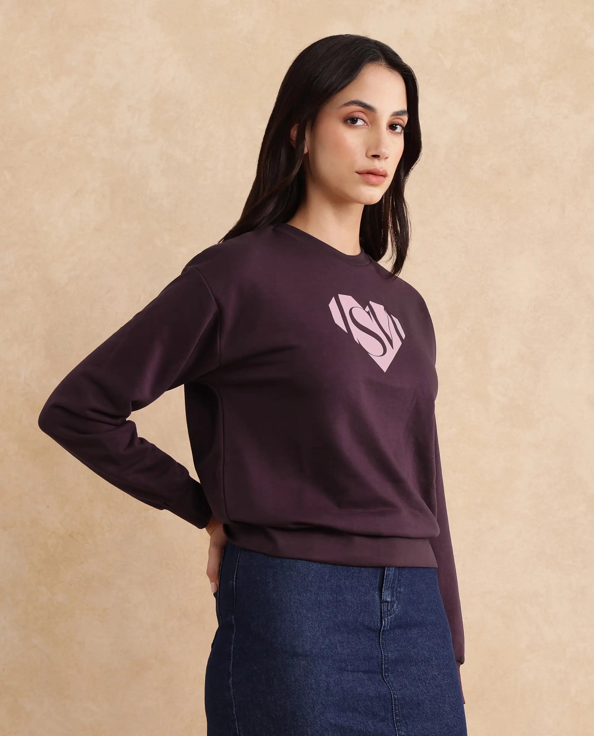 Rareism Women Mika Maroon Cotton Poly Fabric Full Sleeve Crew Neck Regular Fit Graphic Print Sweatshirt