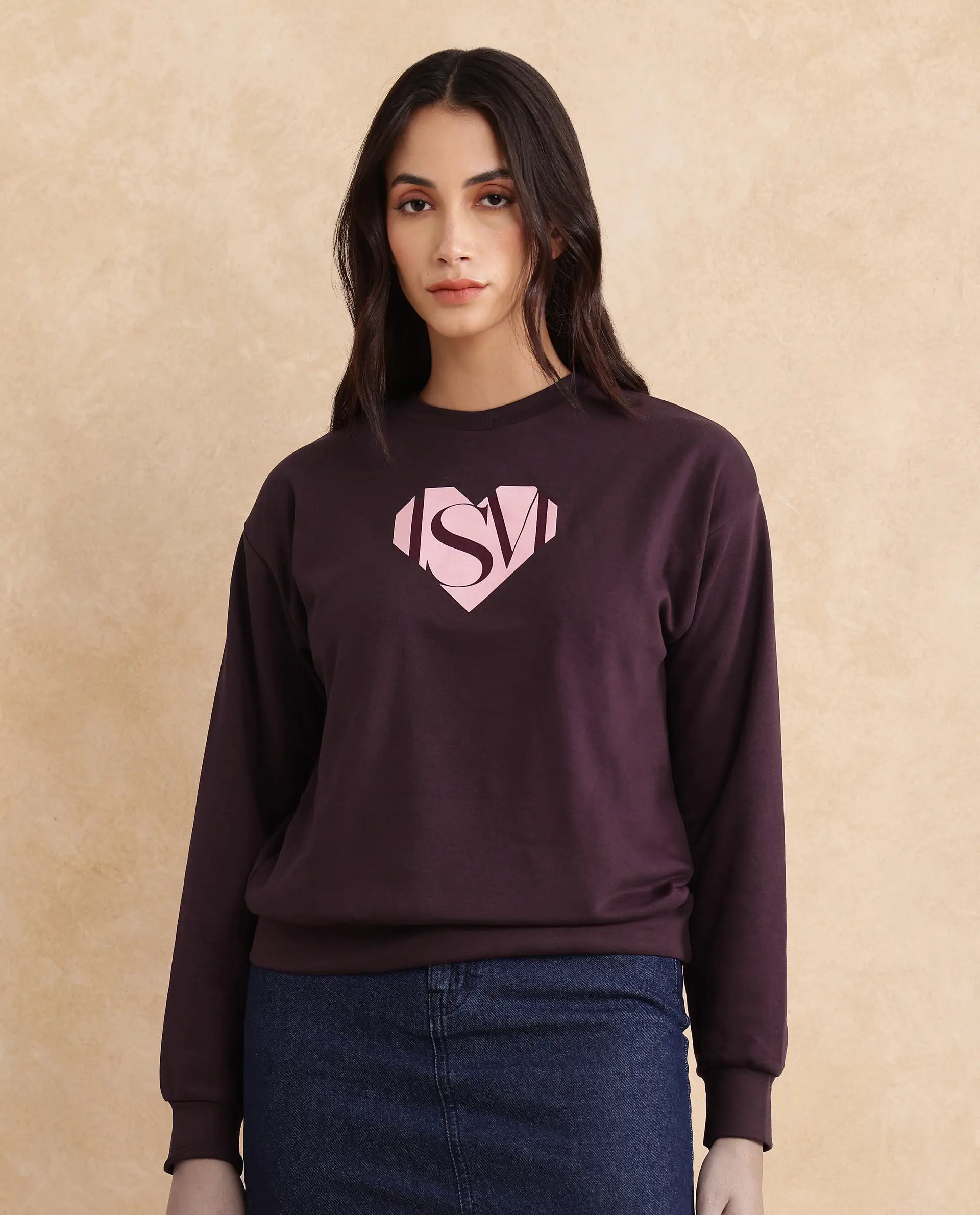 Rareism Women Mika Maroon Cotton Poly Fabric Full Sleeve Crew Neck Regular Fit Graphic Print Sweatshirt