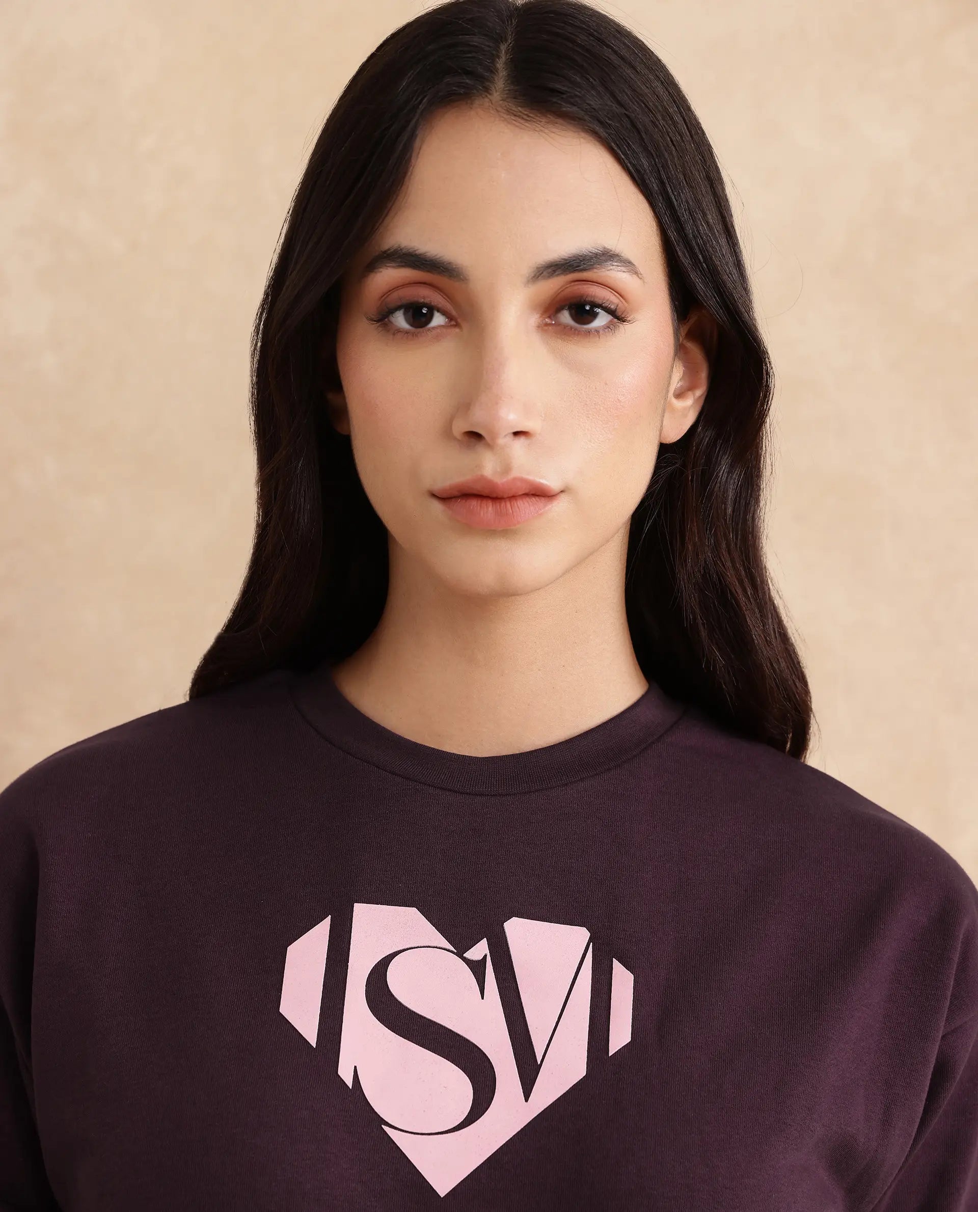 Rareism Women Mika Maroon Cotton Poly Fabric Full Sleeve Crew Neck Regular Fit Graphic Print Sweatshirt