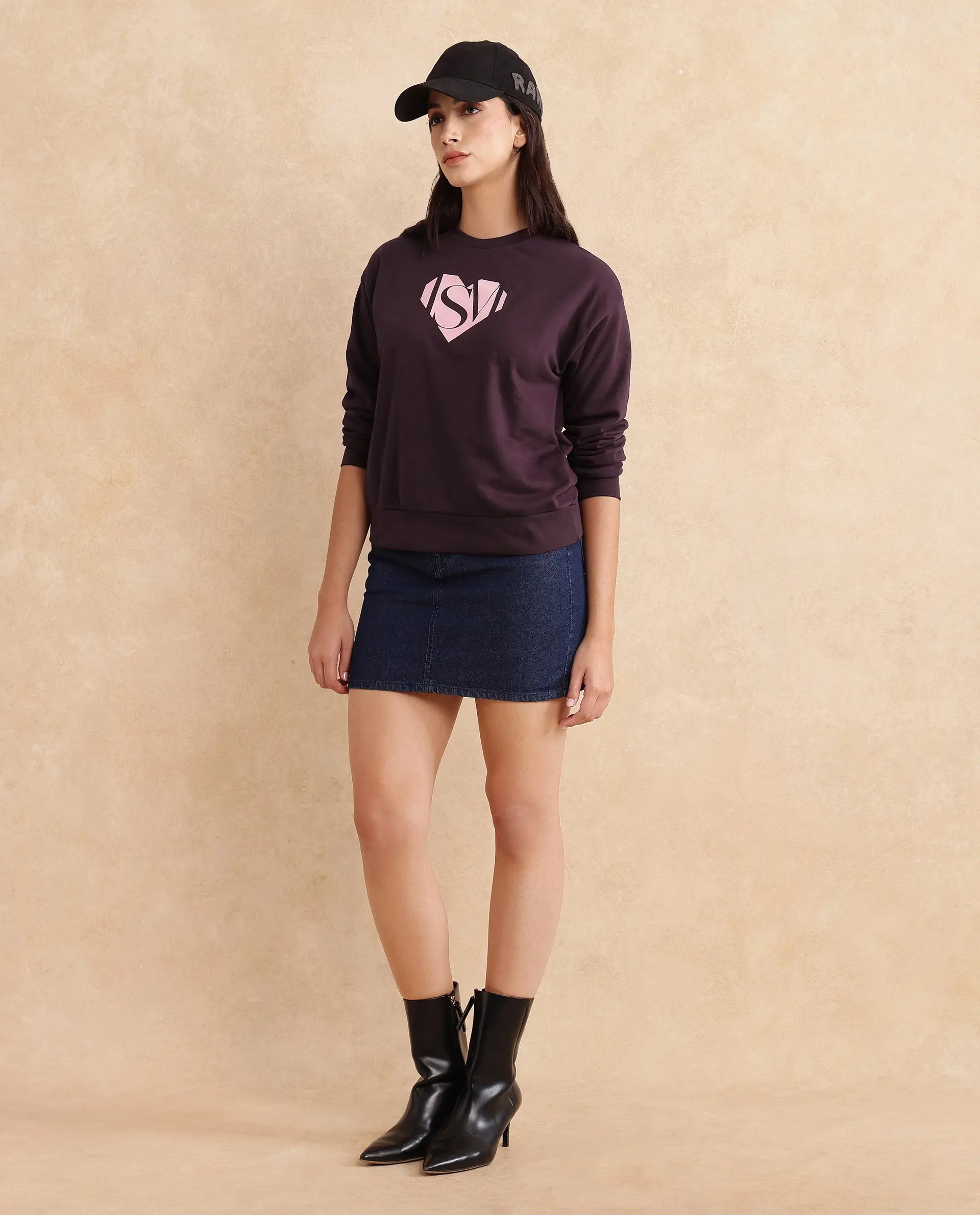 Rareism Women Mika Maroon Cotton Poly Fabric Full Sleeve Crew Neck Regular Fit Graphic Print Sweatshirt