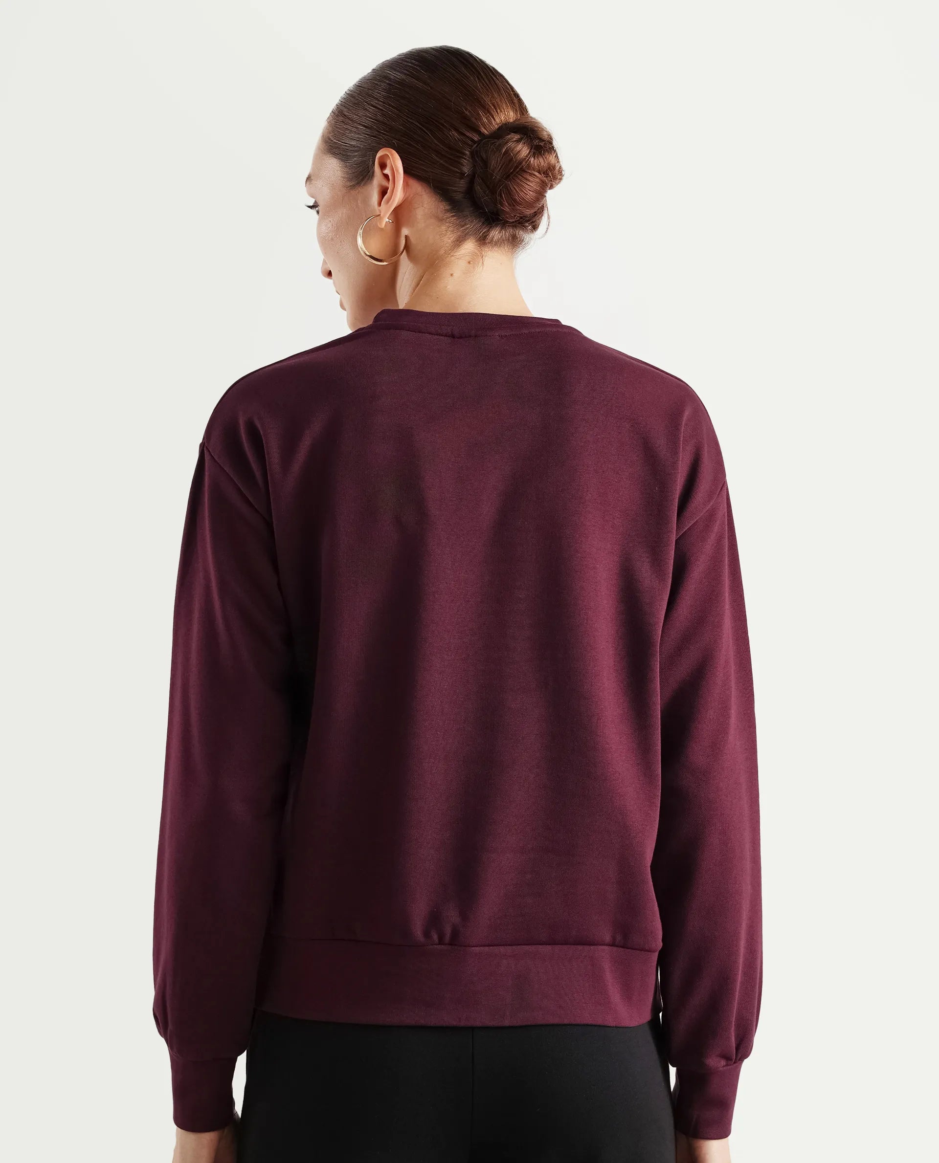Rareism Women's Mika Maroon Cotton Blend Crew Neck Graphic Print Regular Fit Sweatshirt