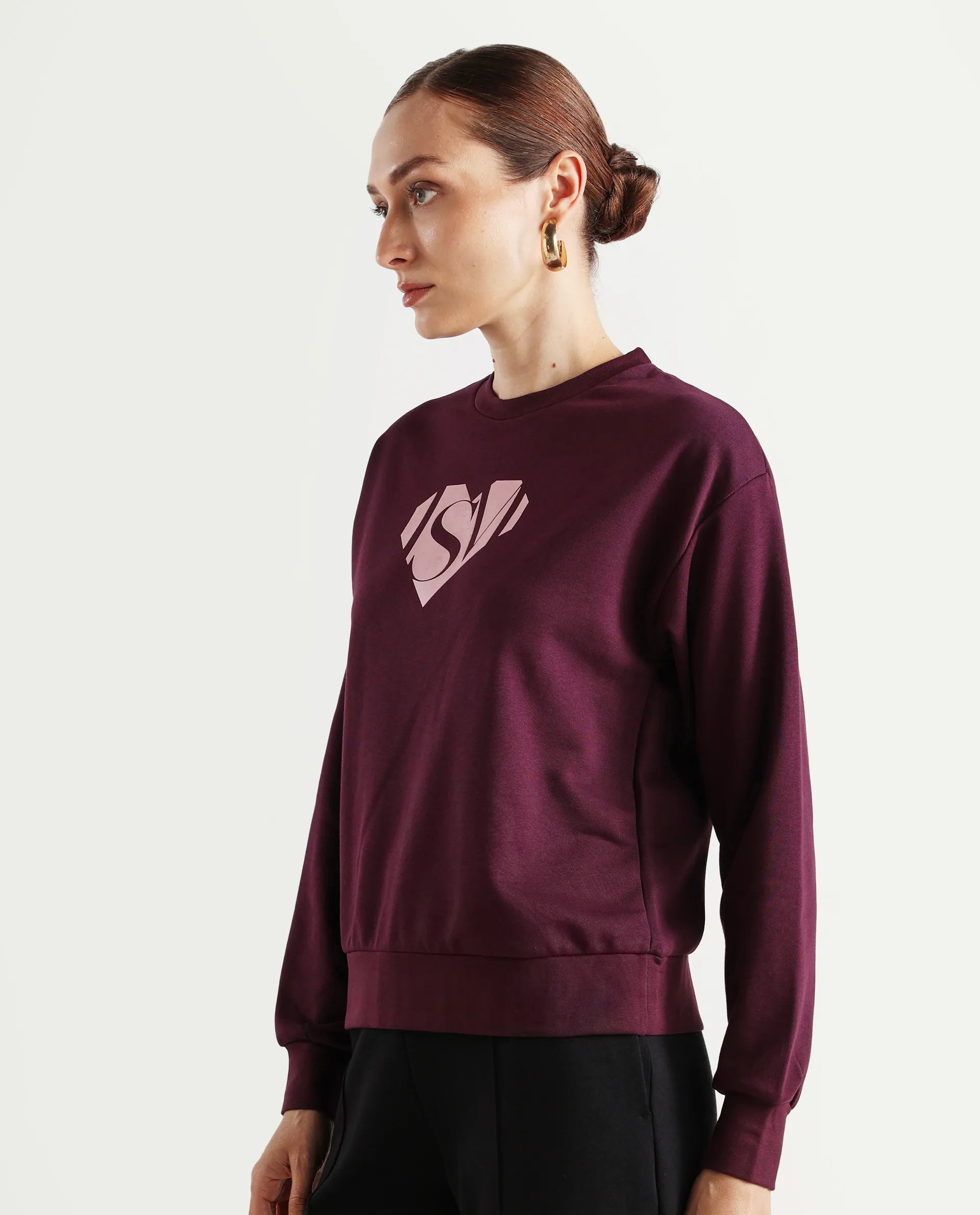 Rareism Women's Mika Maroon Cotton Blend Crew Neck Graphic Print Regular Fit Sweatshirt