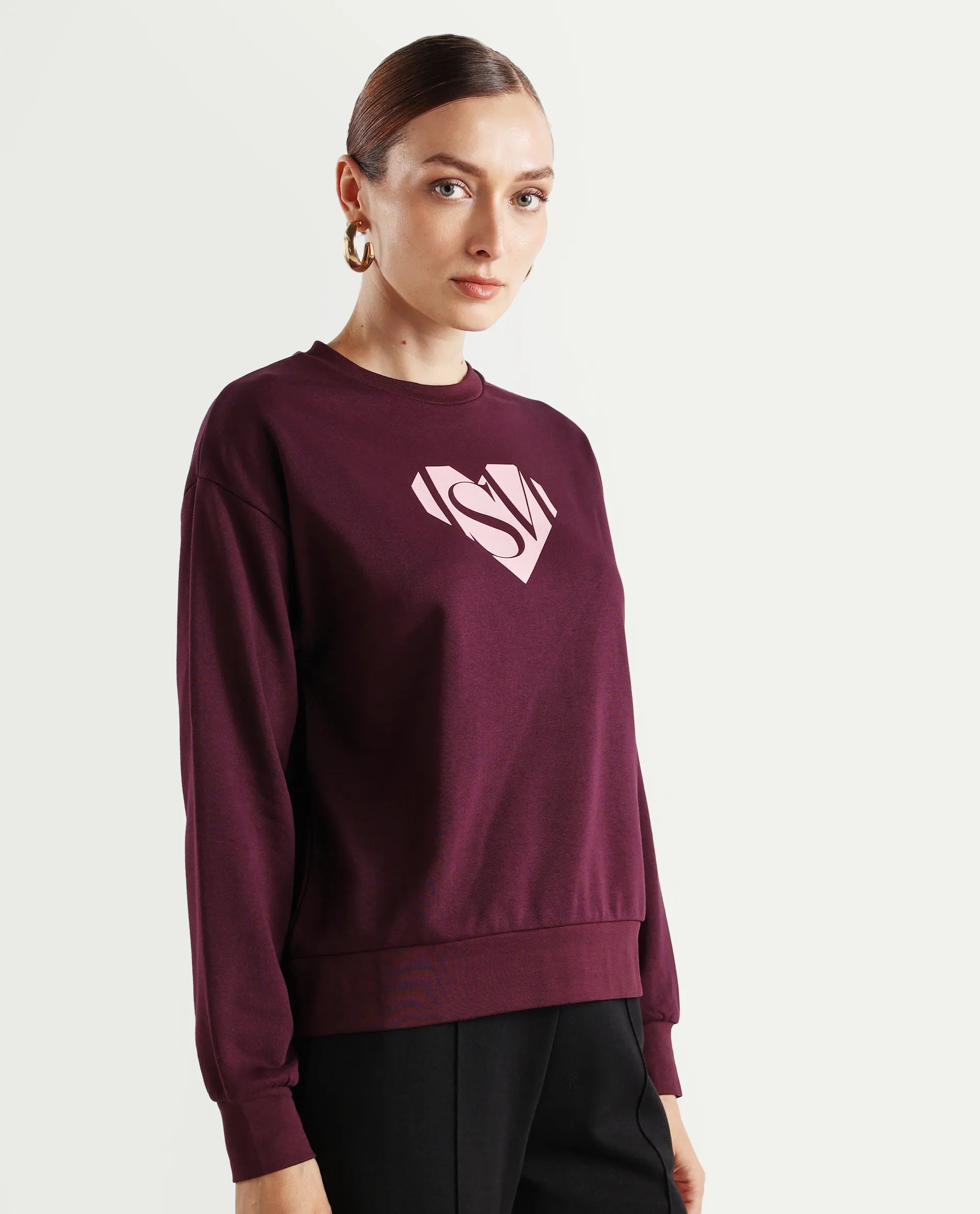 Rareism Women's Mika Maroon Cotton Blend Crew Neck Graphic Print Regular Fit Sweatshirt