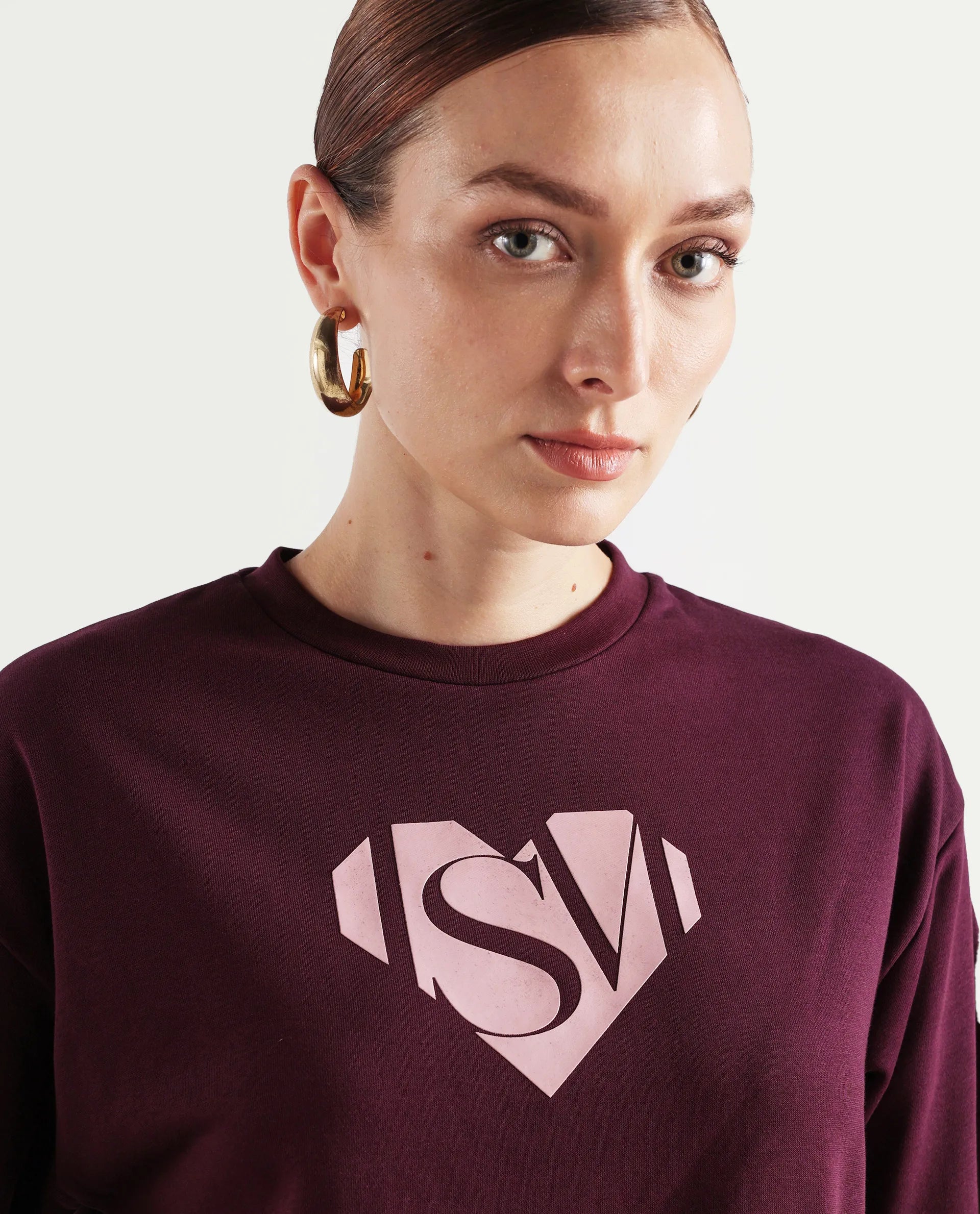 Rareism Women's Mika Maroon Cotton Blend Crew Neck Graphic Print Regular Fit Sweatshirt