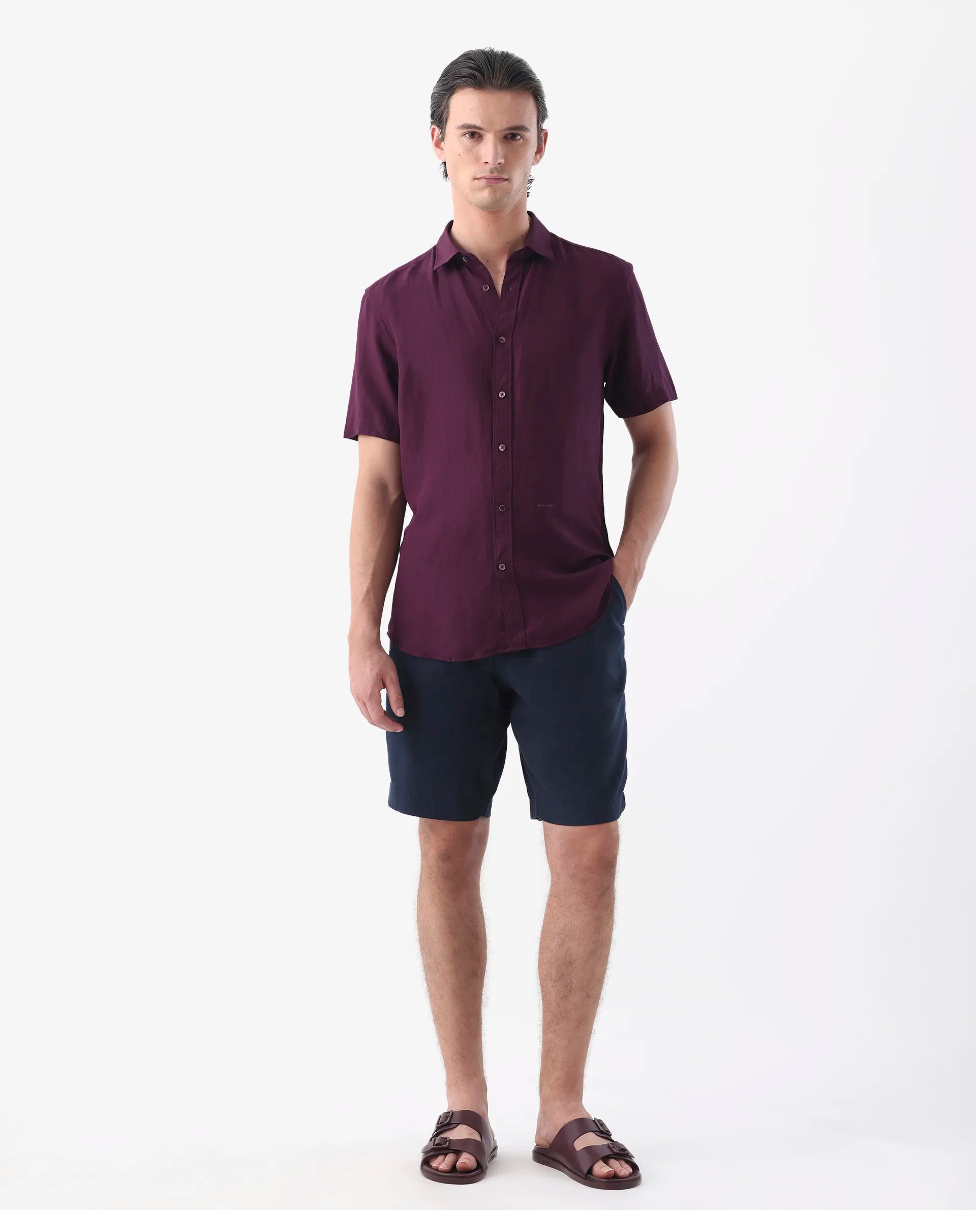 Rare Rabbit Men's Mik Dark Maroon Linen Blend Plain Regular Fit Half Sleeve Collared Shirt