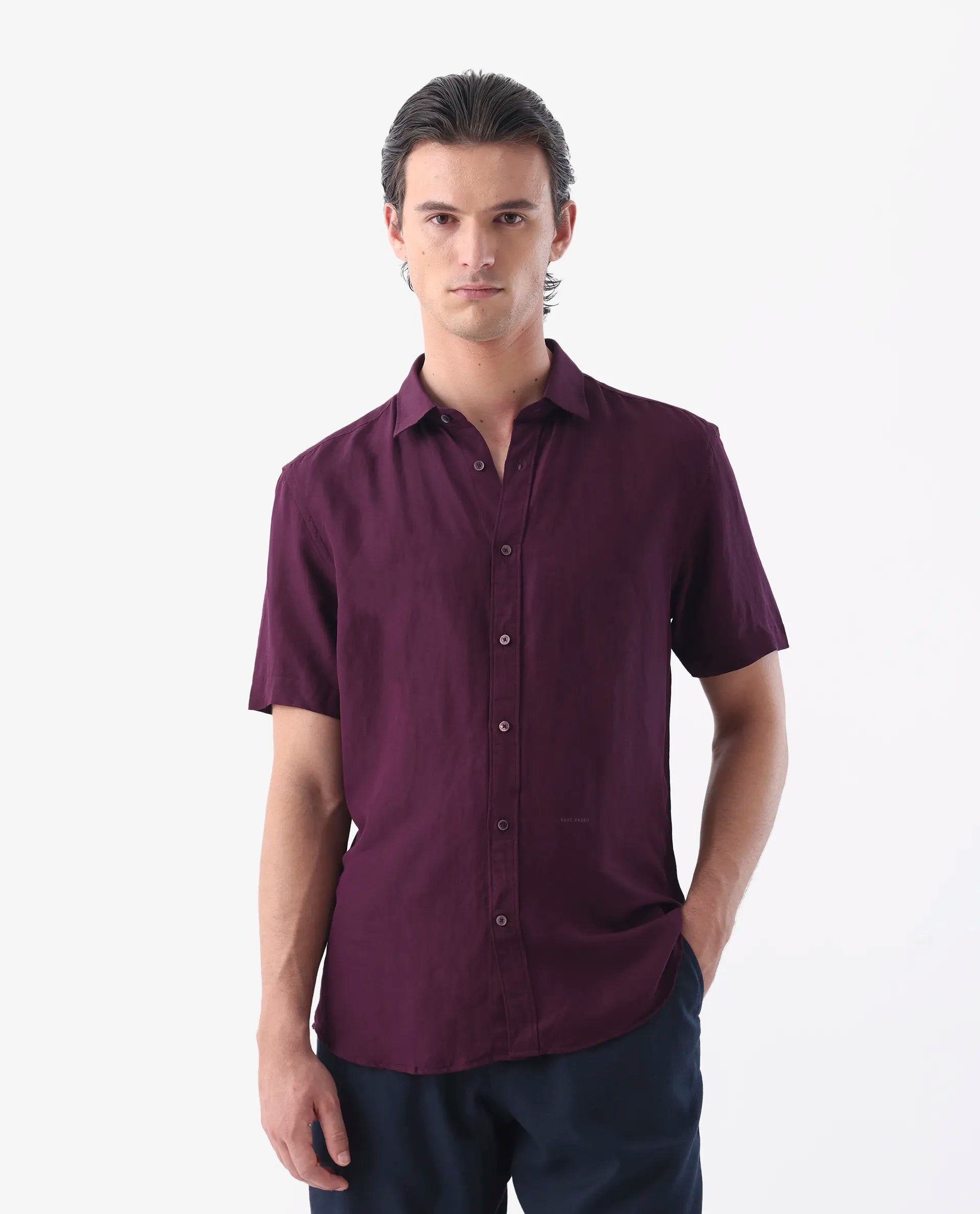 Rare Rabbit Men's Mik Dark Maroon Linen Blend Plain Regular Fit Half Sleeve Collared Shirt