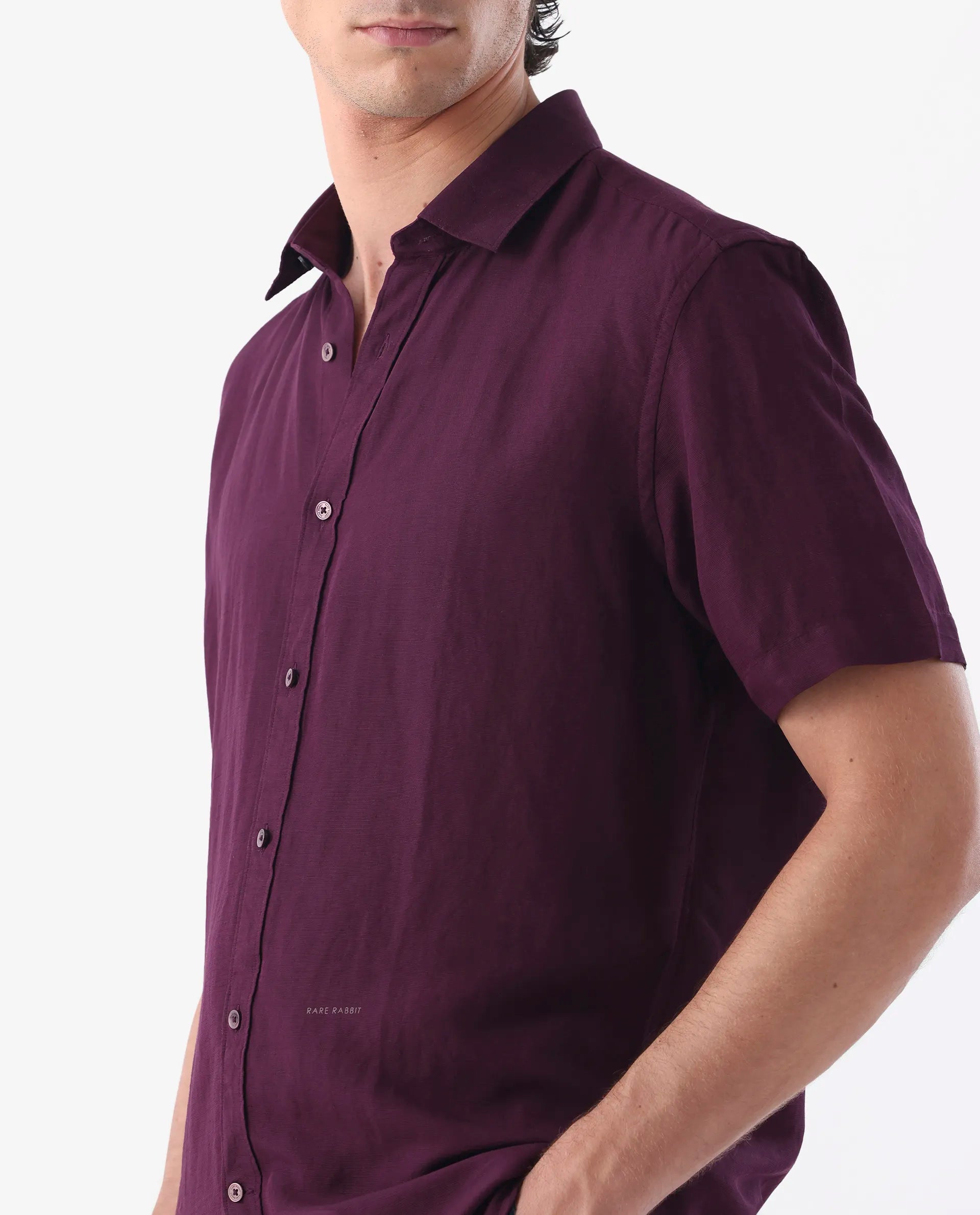 Rare Rabbit Men's Mik Dark Maroon Linen Blend Plain Regular Fit Half Sleeve Collared Shirt