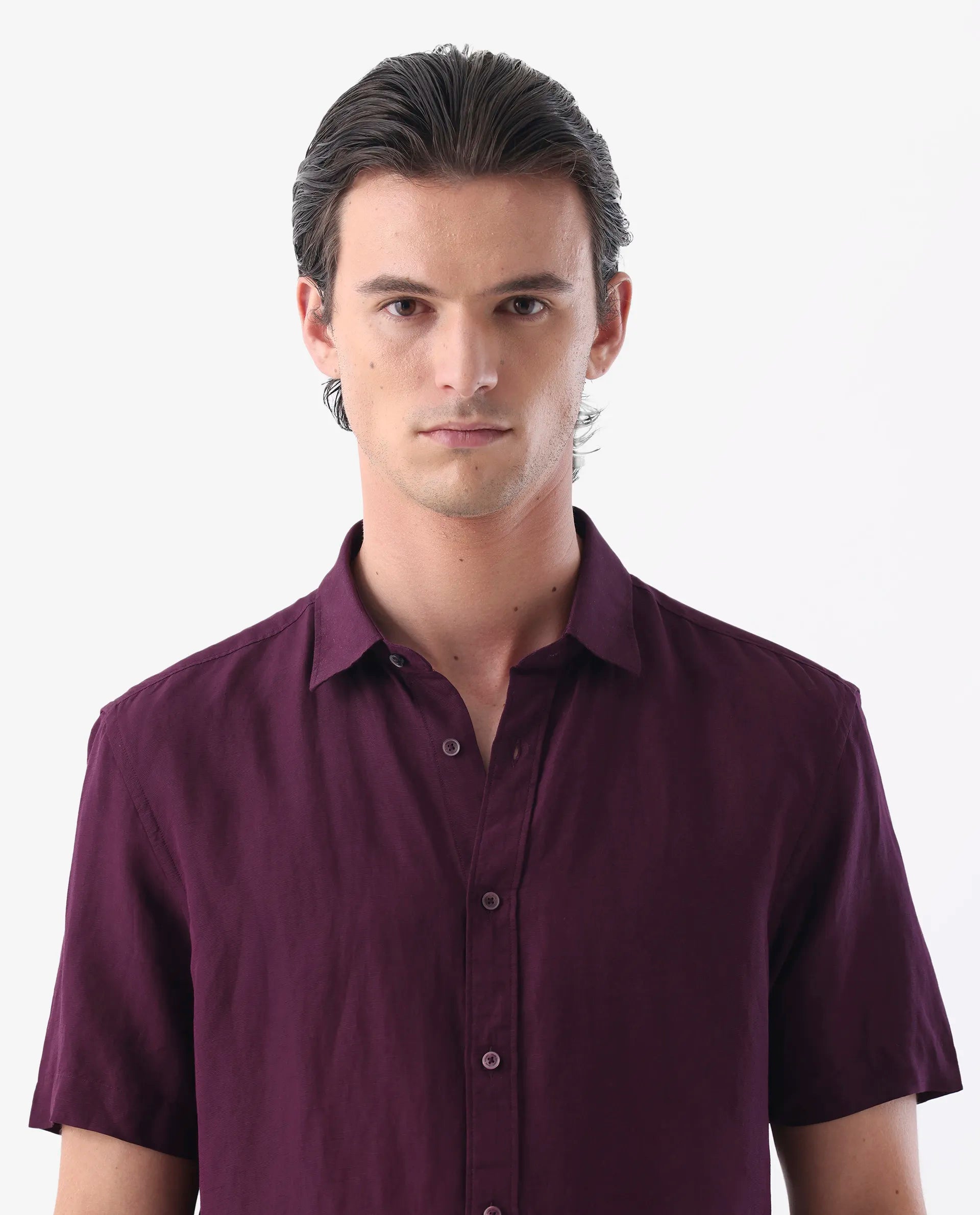 Rare Rabbit Men's Mik Dark Maroon Linen Blend Plain Regular Fit Half Sleeve Collared Shirt