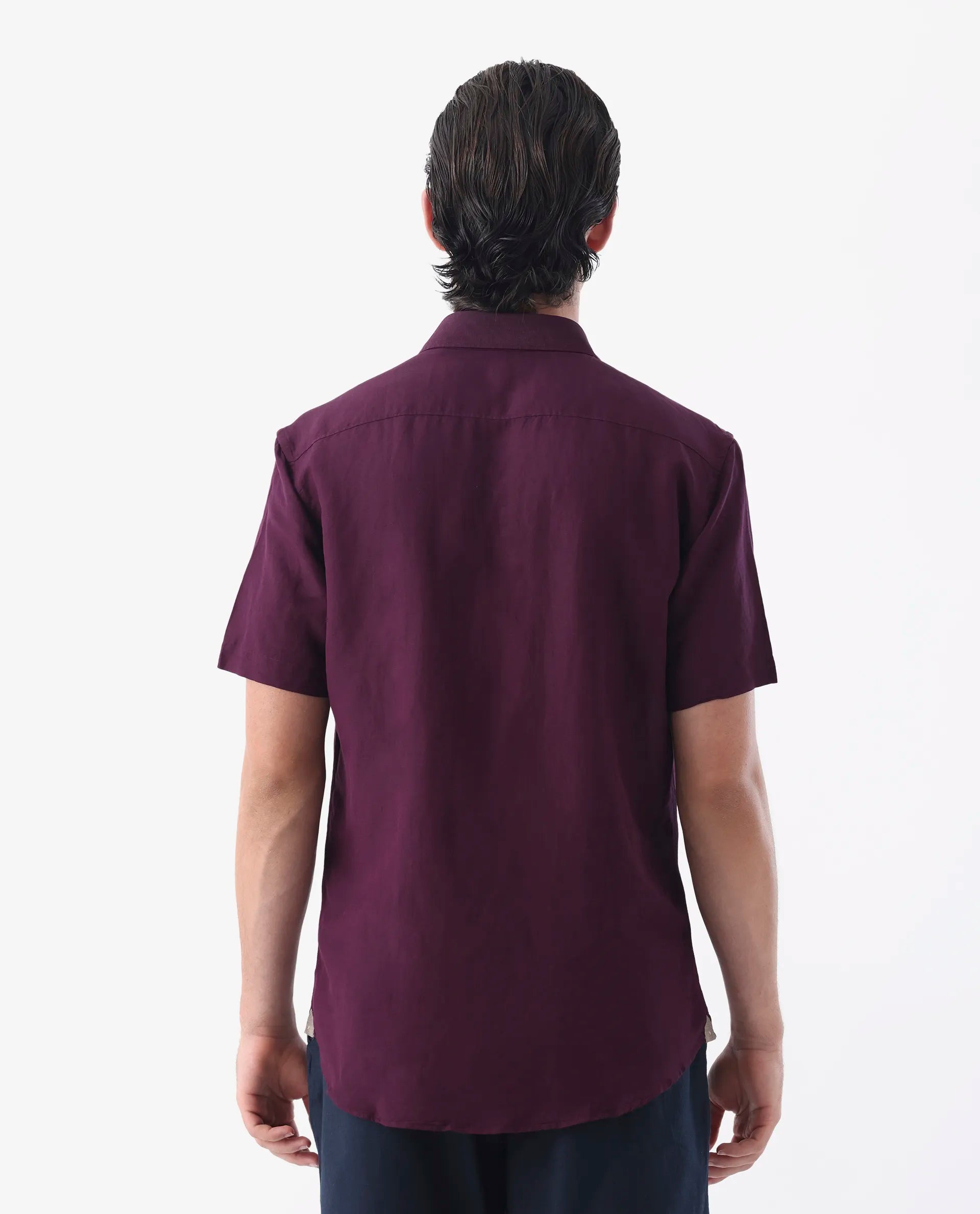 Rare Rabbit Men's Mik Dark Maroon Linen Blend Plain Regular Fit Half Sleeve Collared Shirt