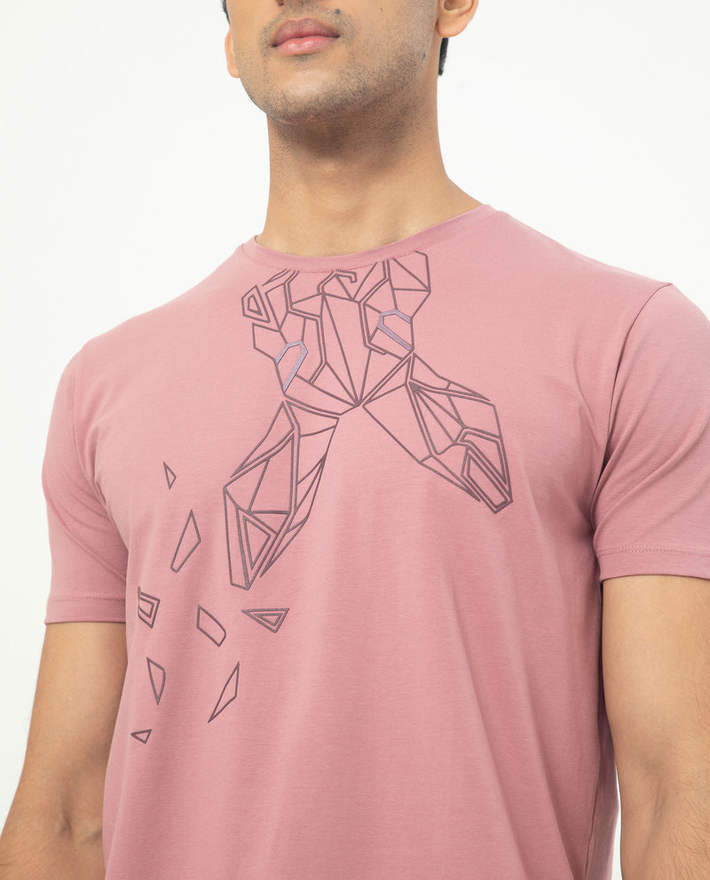 Rare Rabbit Men's Mikeal Dusky Pink Crew Neck Logo Printed Half Sleeves Slim Fit T-Shirt