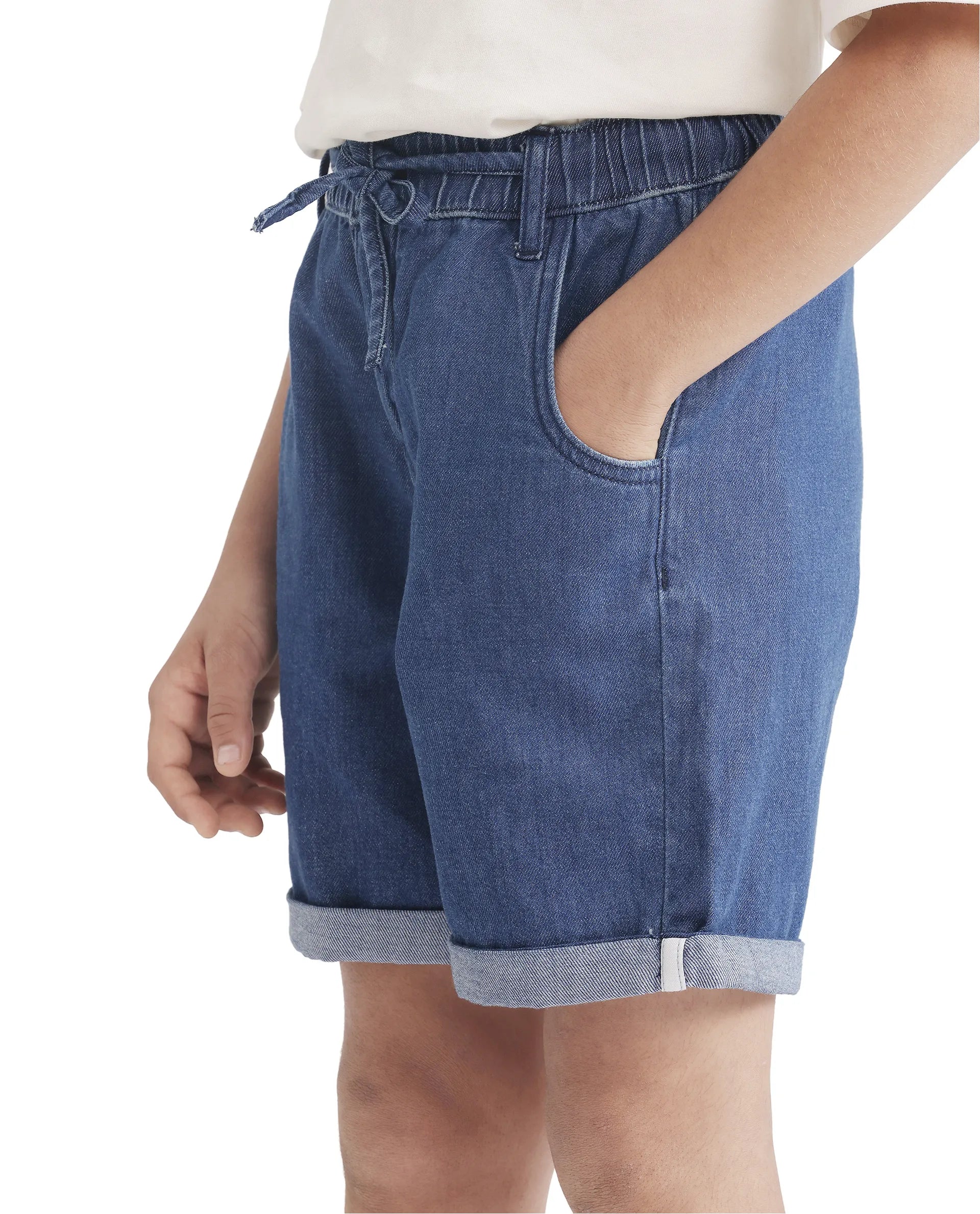 Rare Ones Kids Mike Navy Cotton Denim Drawstring Closure Solid Short