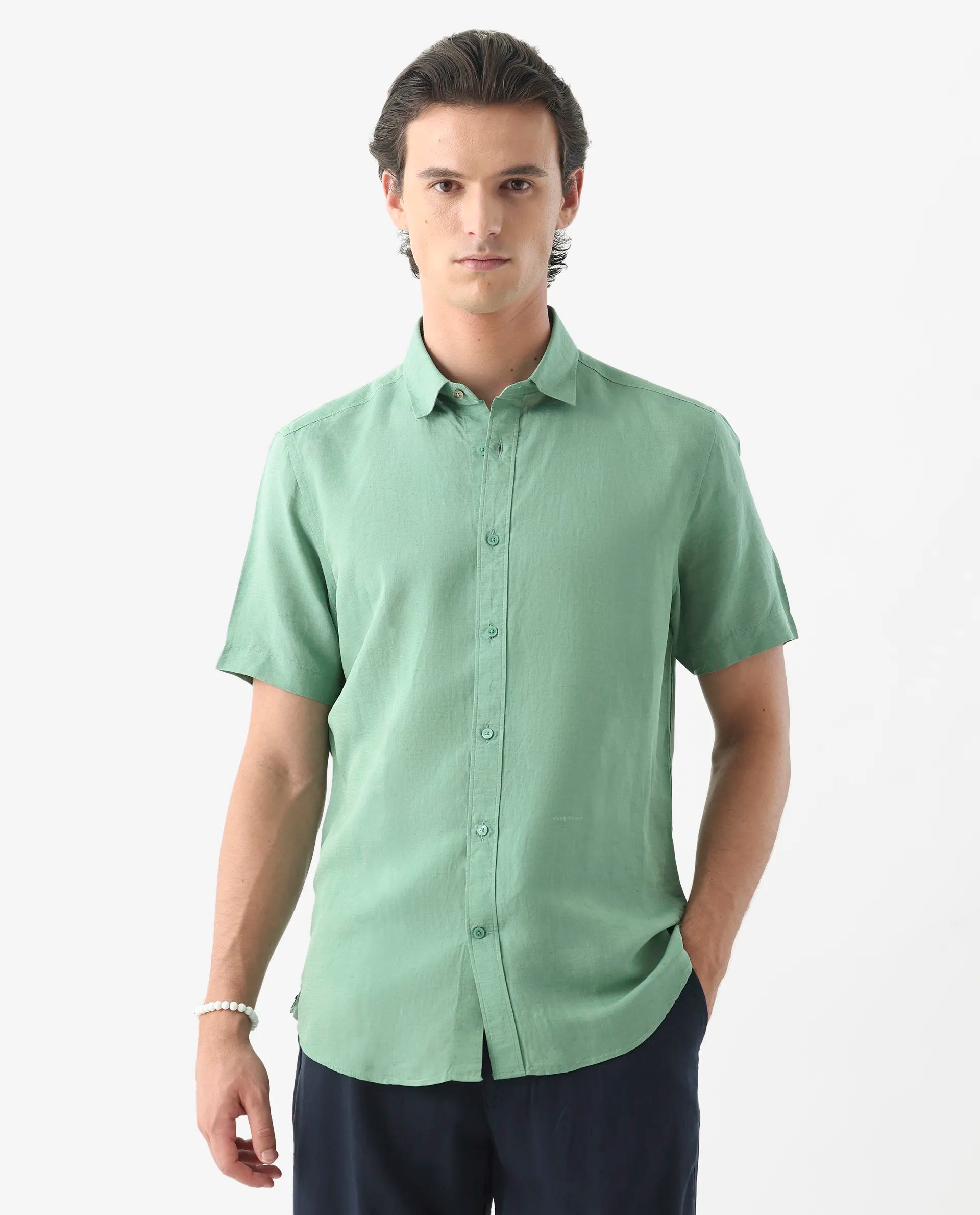 Rare Rabbit Men's Mik Light Green Linen Blend Plain Regular Fit Half Sleeve Collared Shirt