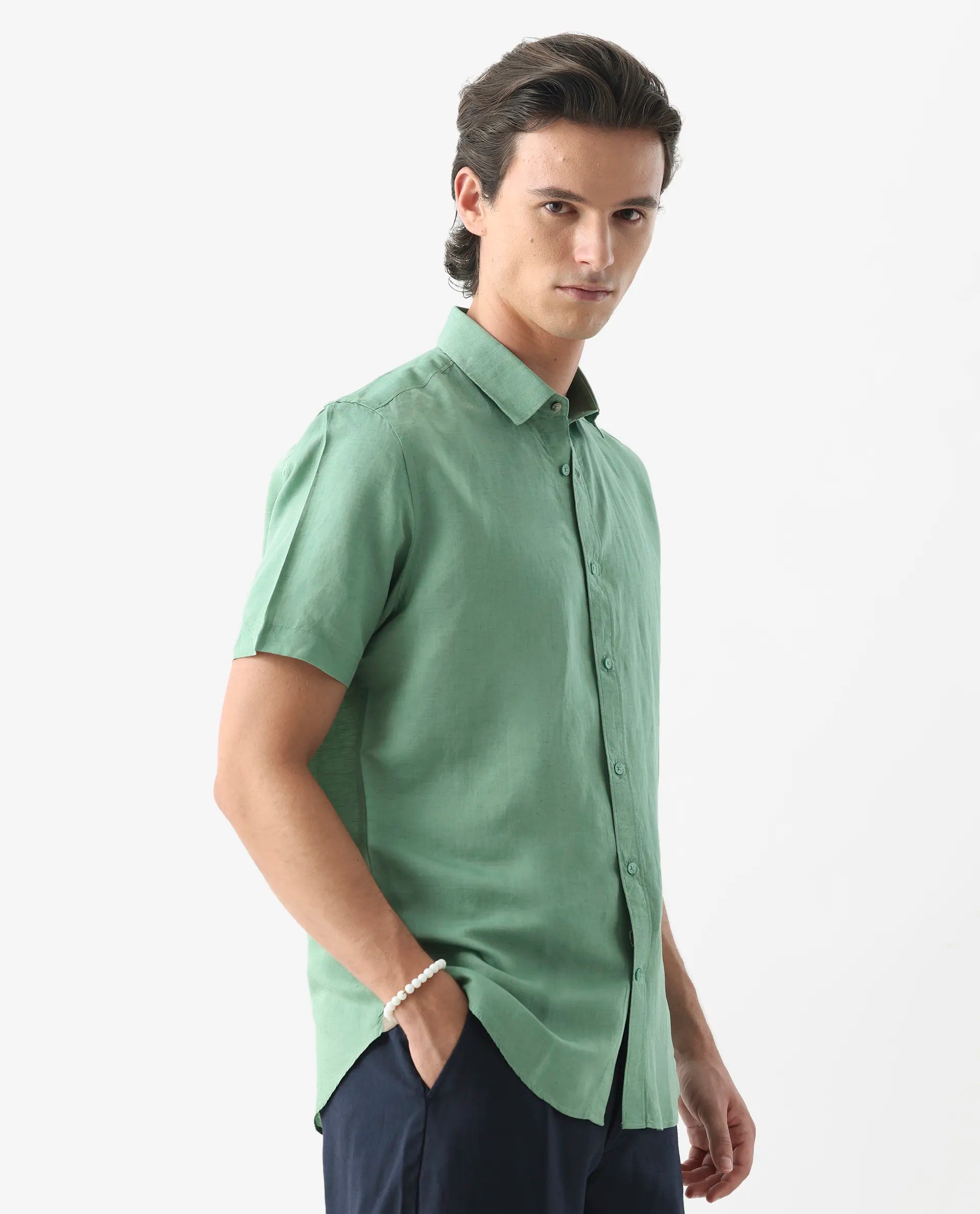 Rare Rabbit Men's Mik Light Green Linen Blend Plain Regular Fit Half Sleeve Collared Shirt