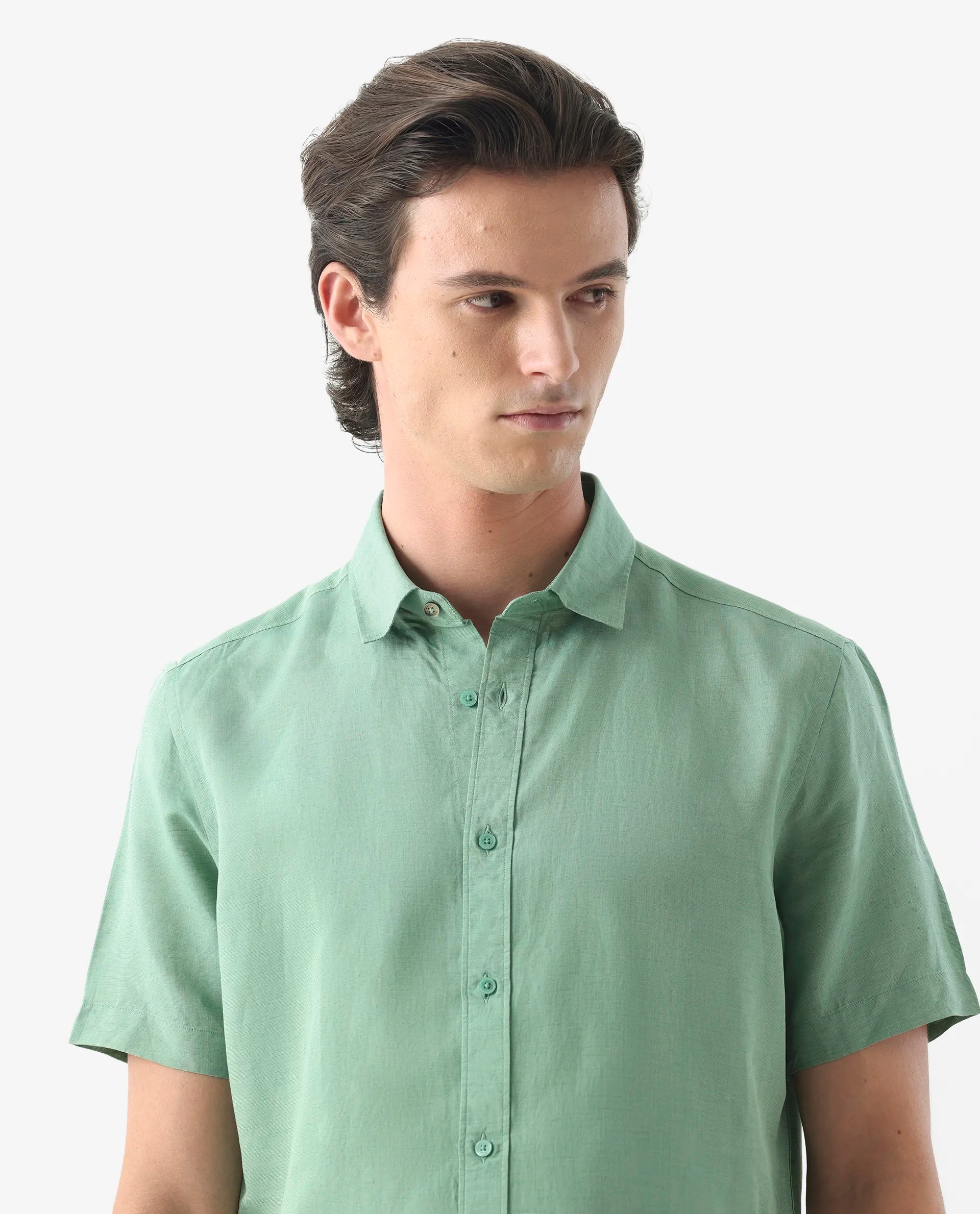 Rare Rabbit Men's Mik Light Green Linen Blend Plain Regular Fit Half Sleeve Collared Shirt