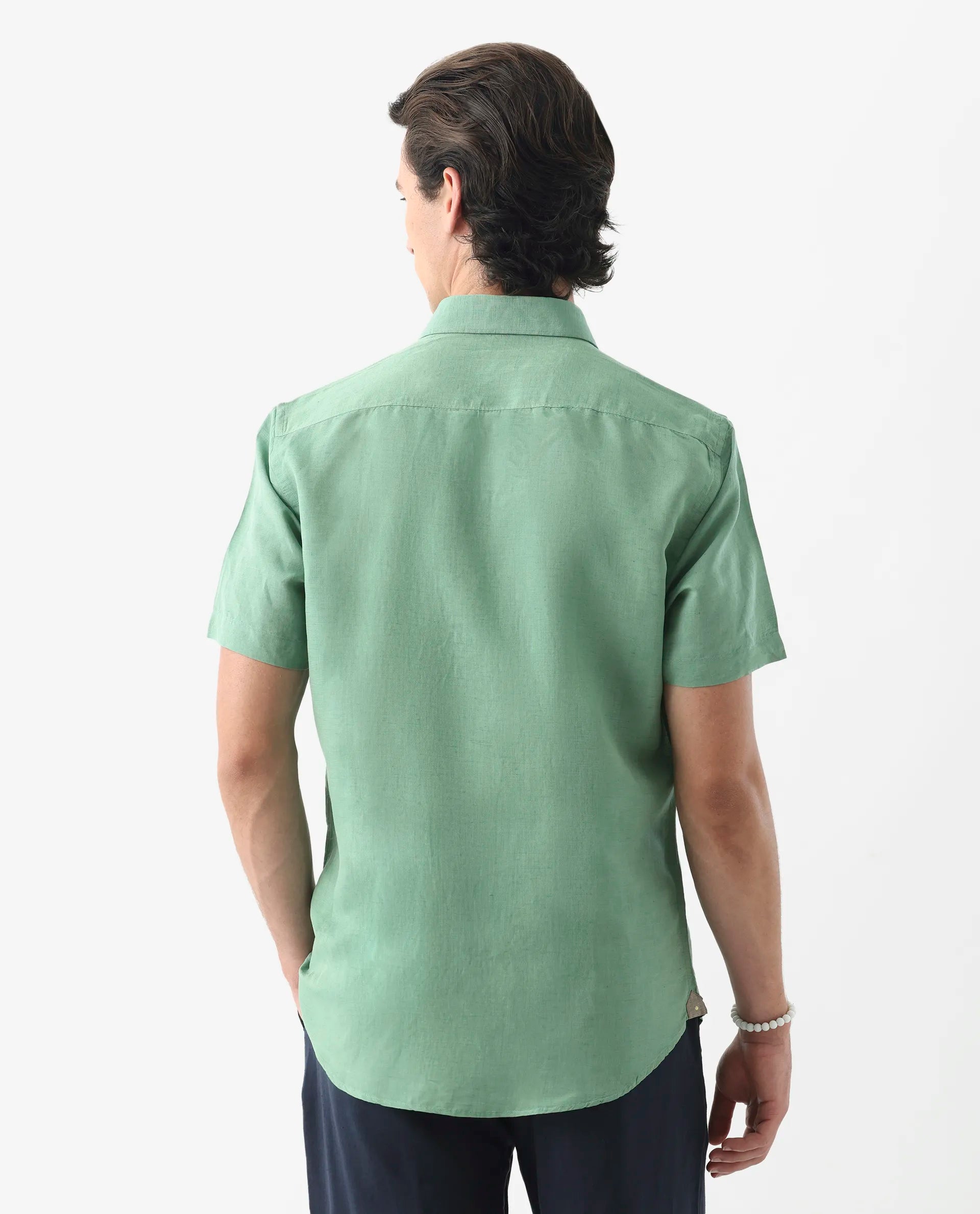 Rare Rabbit Men's Mik Light Green Linen Blend Plain Regular Fit Half Sleeve Collared Shirt
