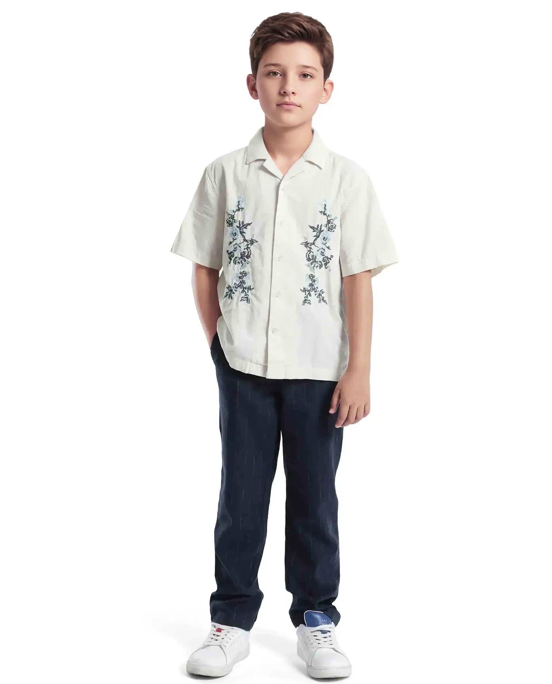 Rare Ones Kids Mila Light Beige Cotton Half Sleeve Embroidered Button Closure Regular Fit Shirt