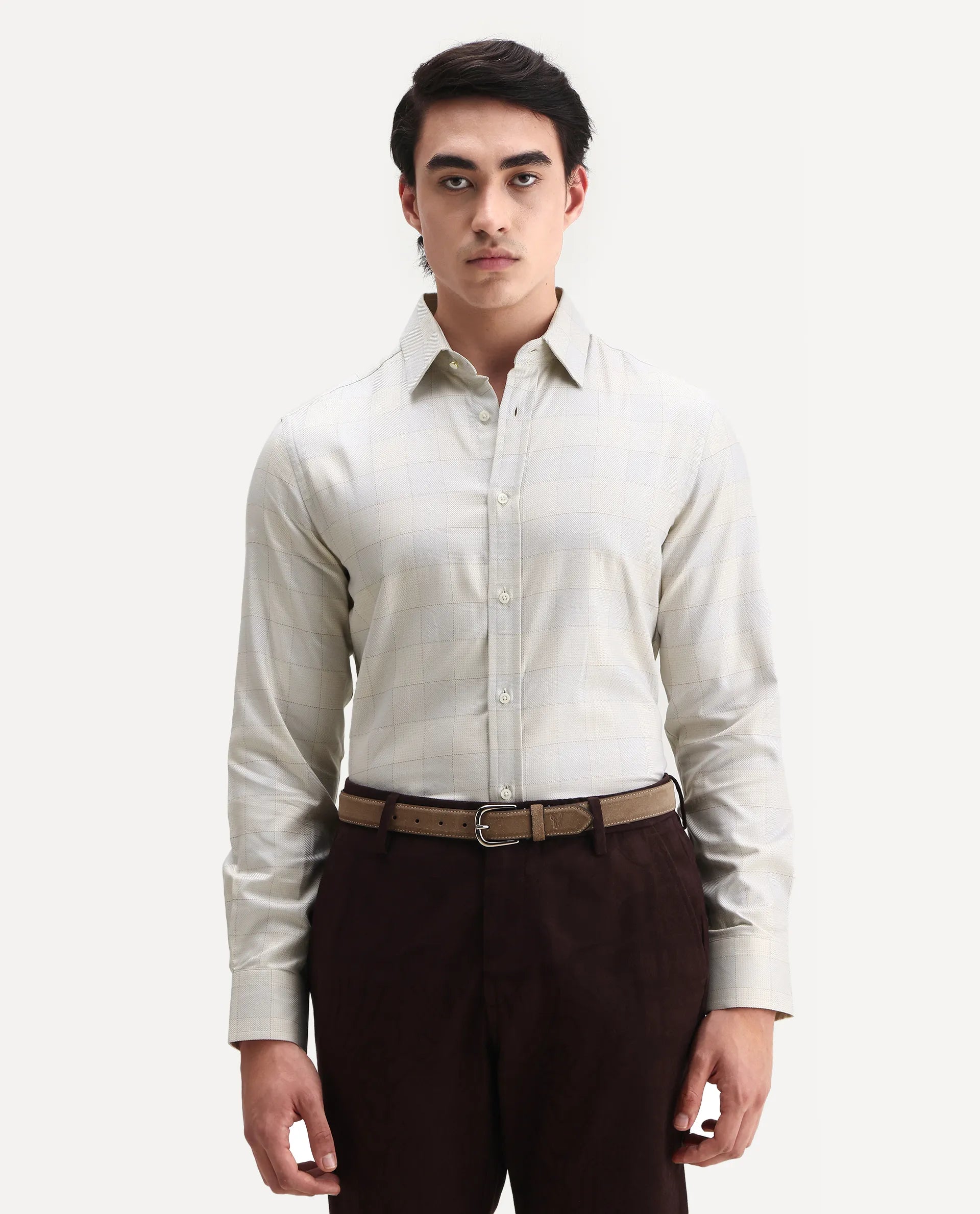 Rare Rabbit Men's Mila Beige Cotton Checked Print Regular Fit Full Sleeve Collared Shirt