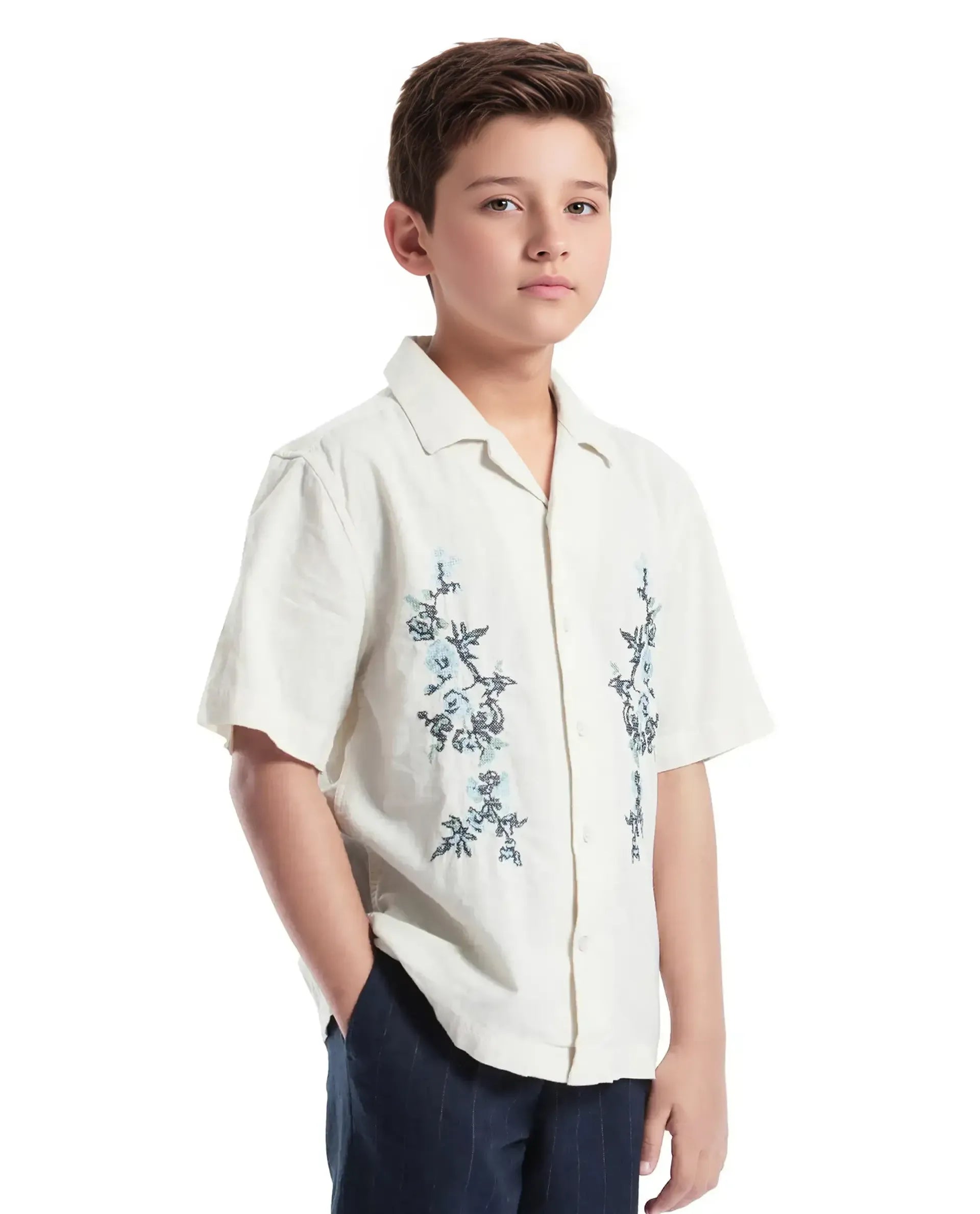 Rare Ones Kids Mila Light Beige Cotton Half Sleeve Embroidered Button Closure Regular Fit Shirt