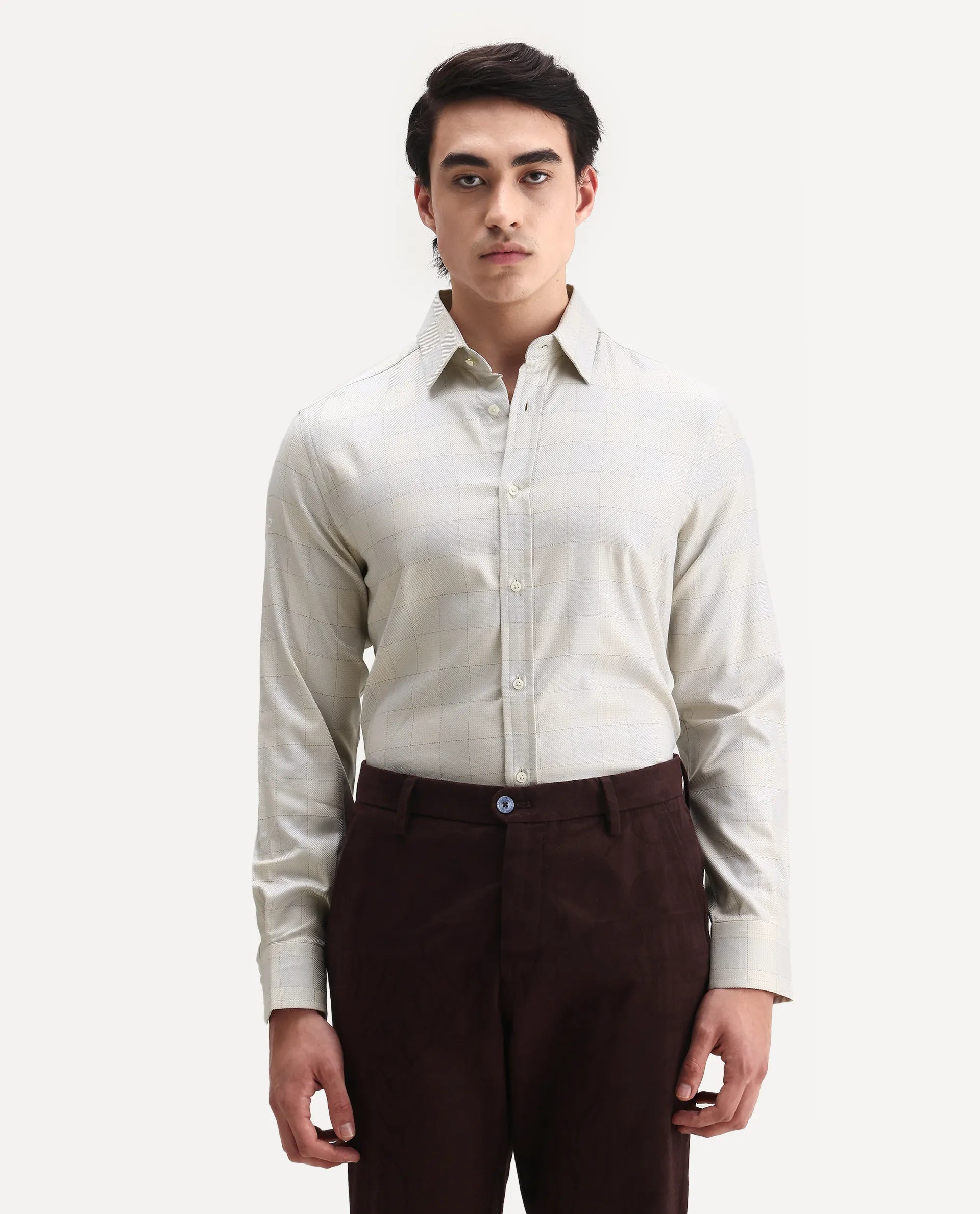 Rare Rabbit Men's Mila Beige Cotton Checked Print Regular Fit Full Sleeve Collared Shirt