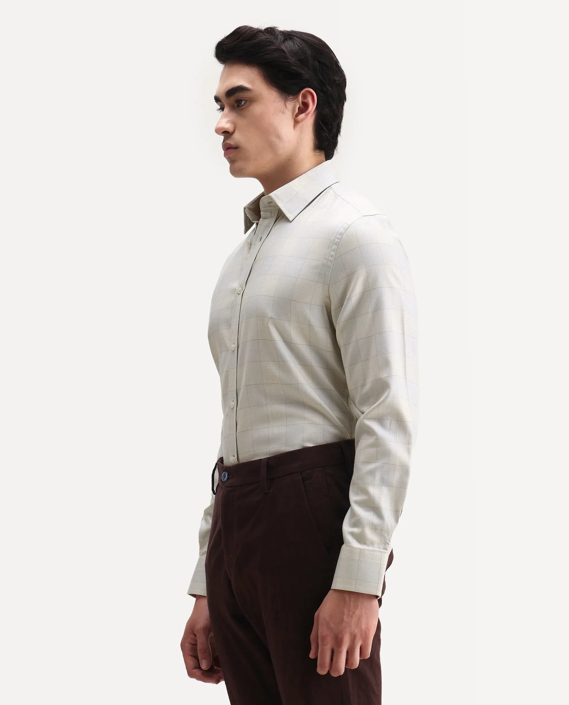 Rare Rabbit Men's Mila Beige Cotton Checked Print Regular Fit Full Sleeve Collared Shirt