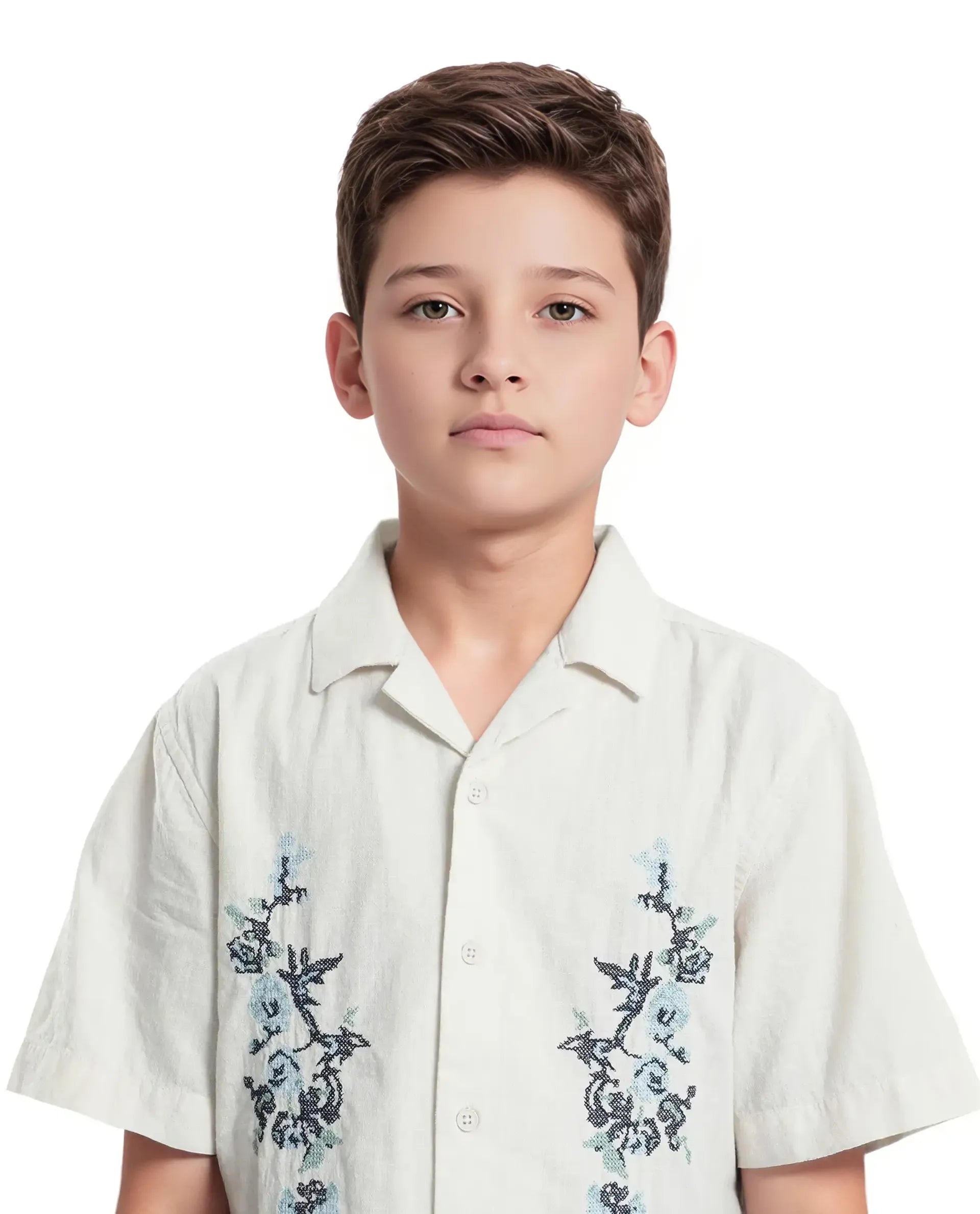 Rare Ones Kids Mila Light Beige Cotton Half Sleeve Embroidered Button Closure Regular Fit Shirt