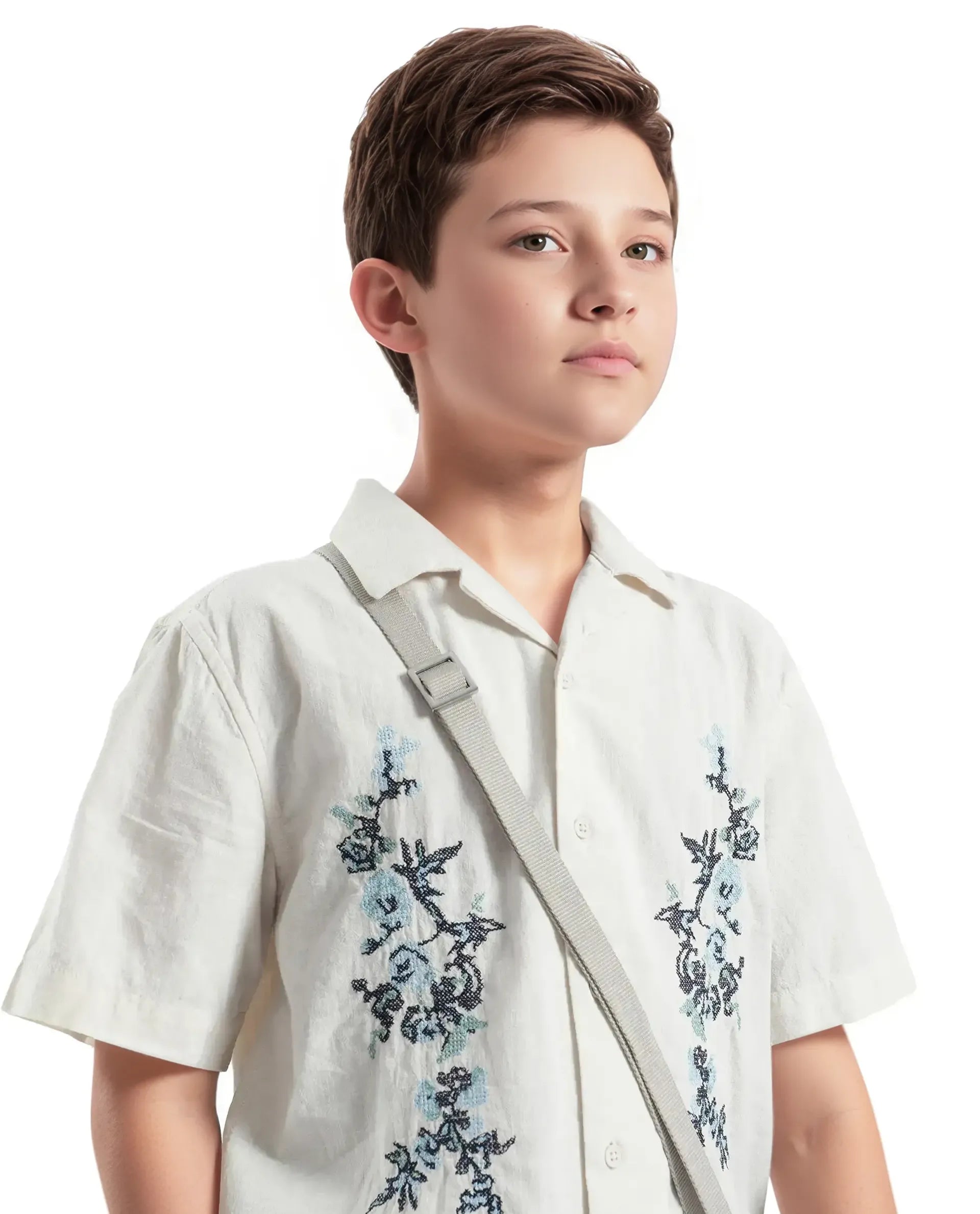 Rare Ones Kids Mila Light Beige Cotton Half Sleeve Embroidered Button Closure Regular Fit Shirt