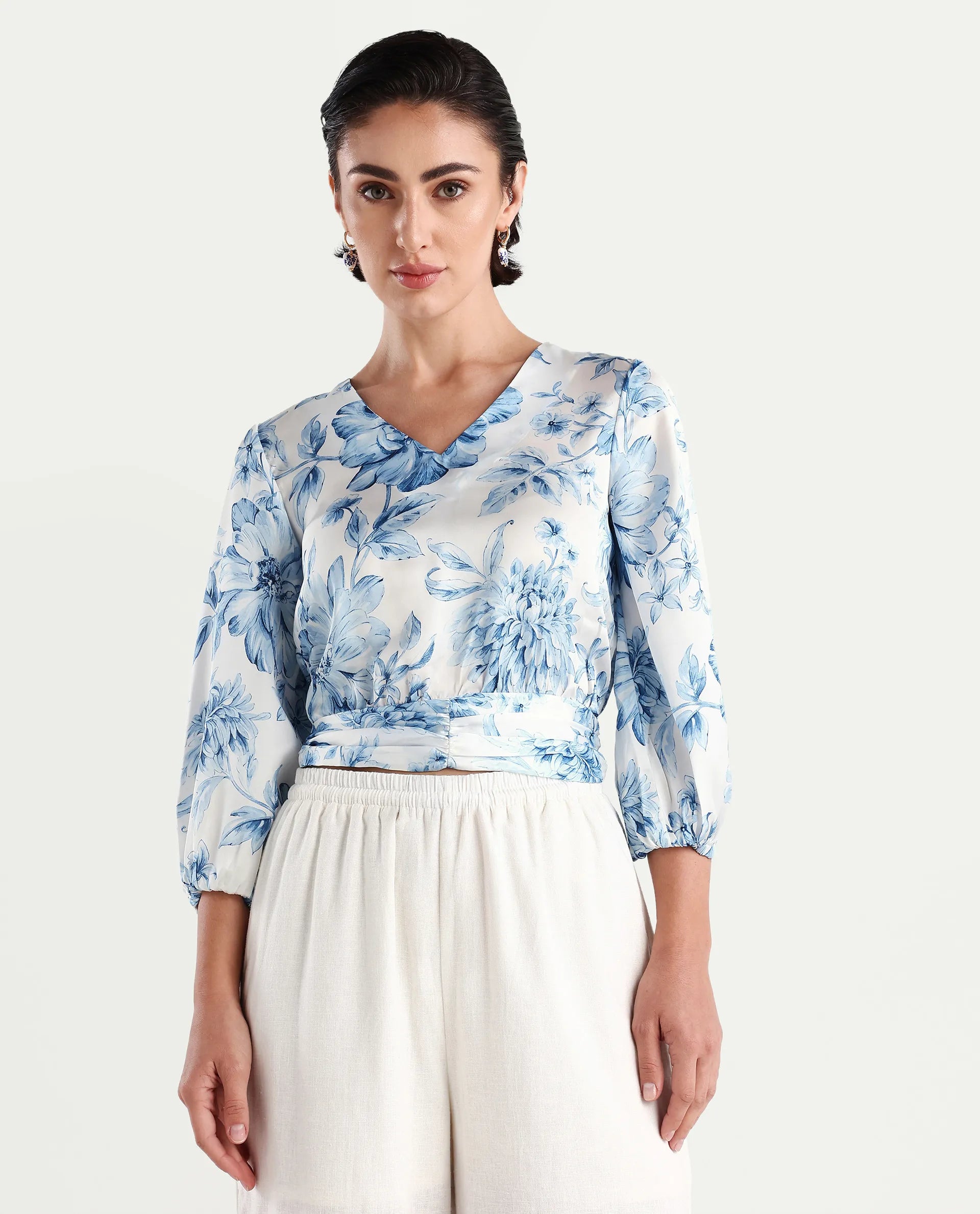 Rareism Women's Milan Light Satin V-Neck Floral Print Bell Sleeve Crop Regular Fit Top