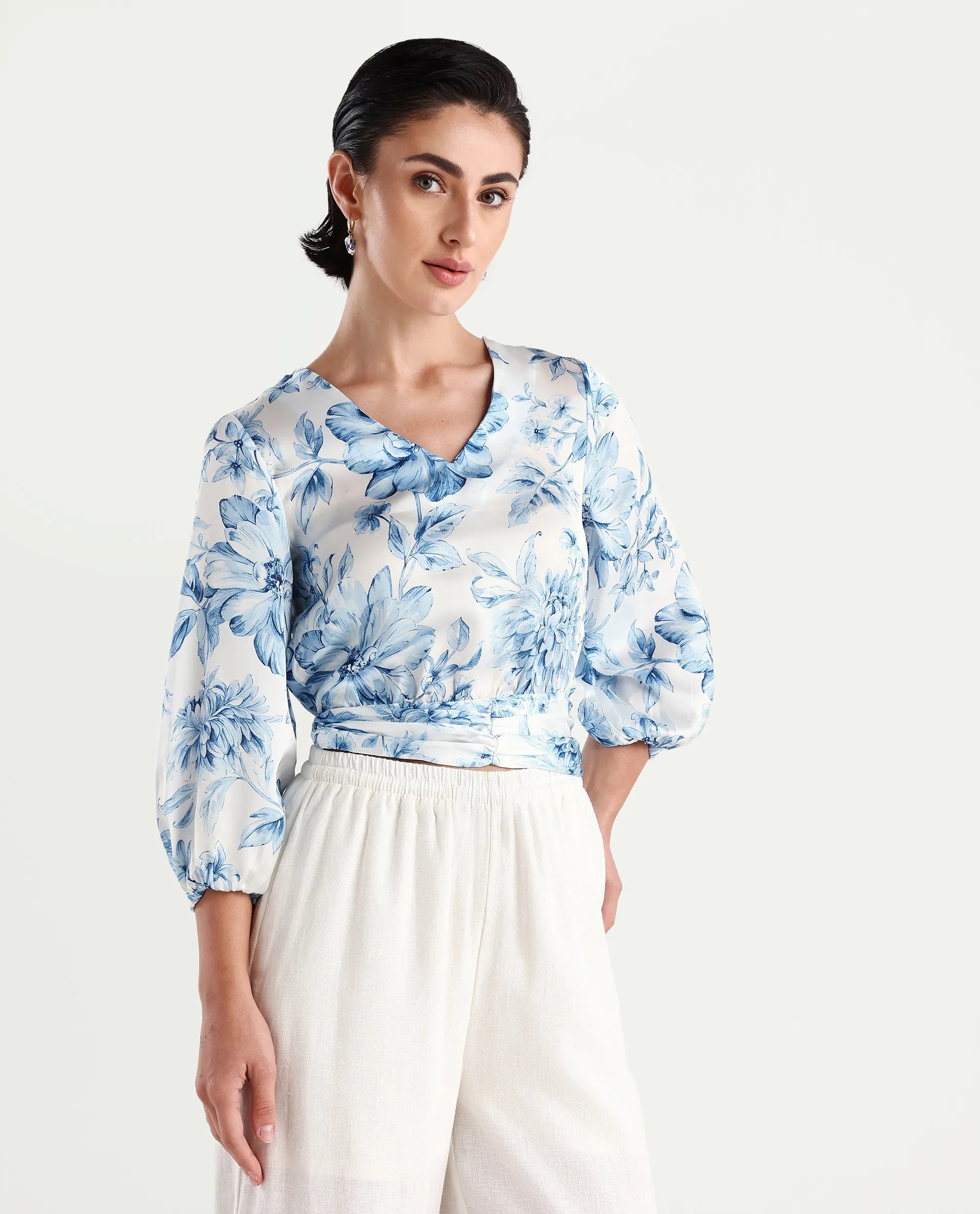 Rareism Women's Milan Light Satin V-Neck Floral Print Bell Sleeve Crop Regular Fit Top