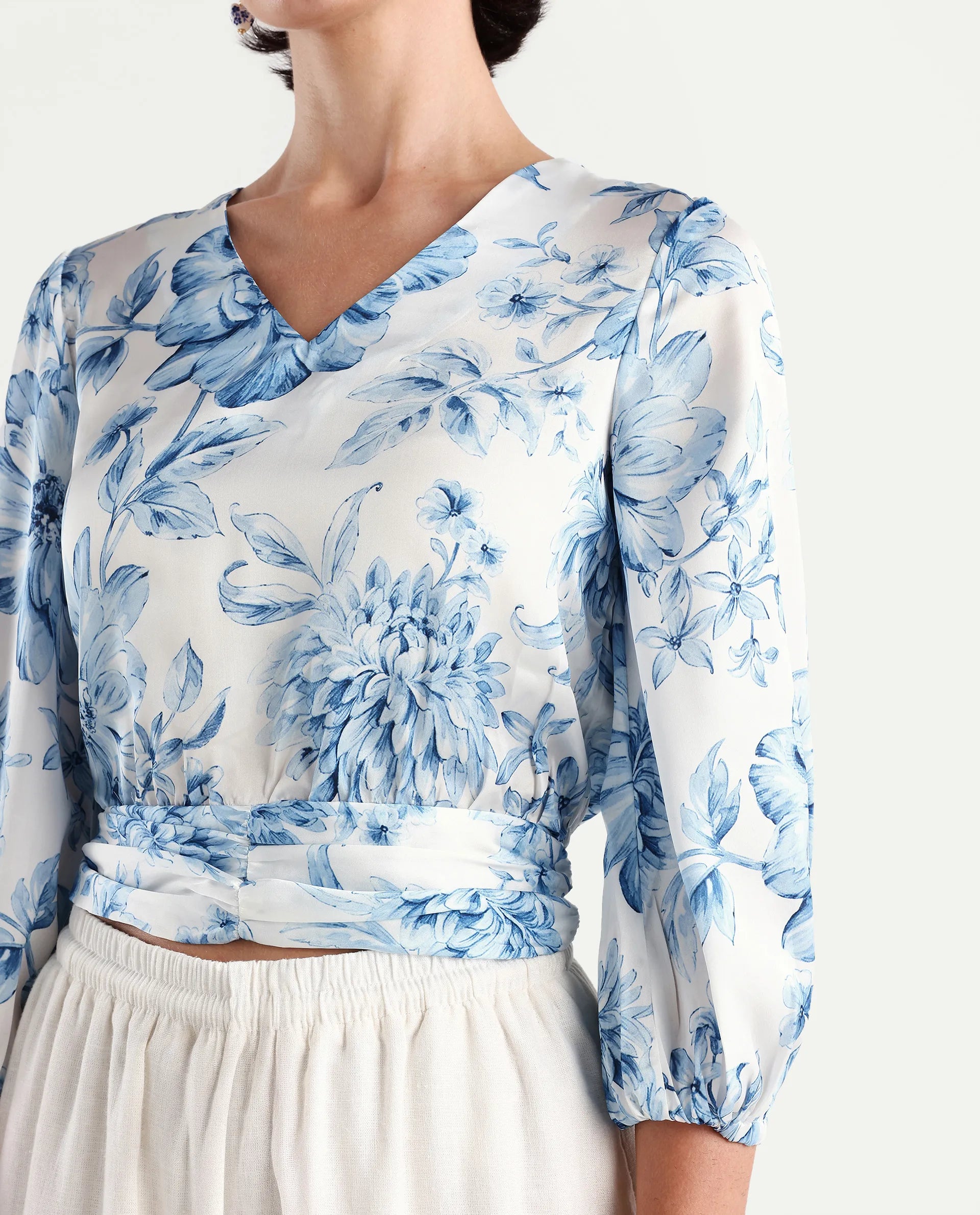 Rareism Women's Milan Light Satin V-Neck Floral Print Bell Sleeve Crop Regular Fit Top