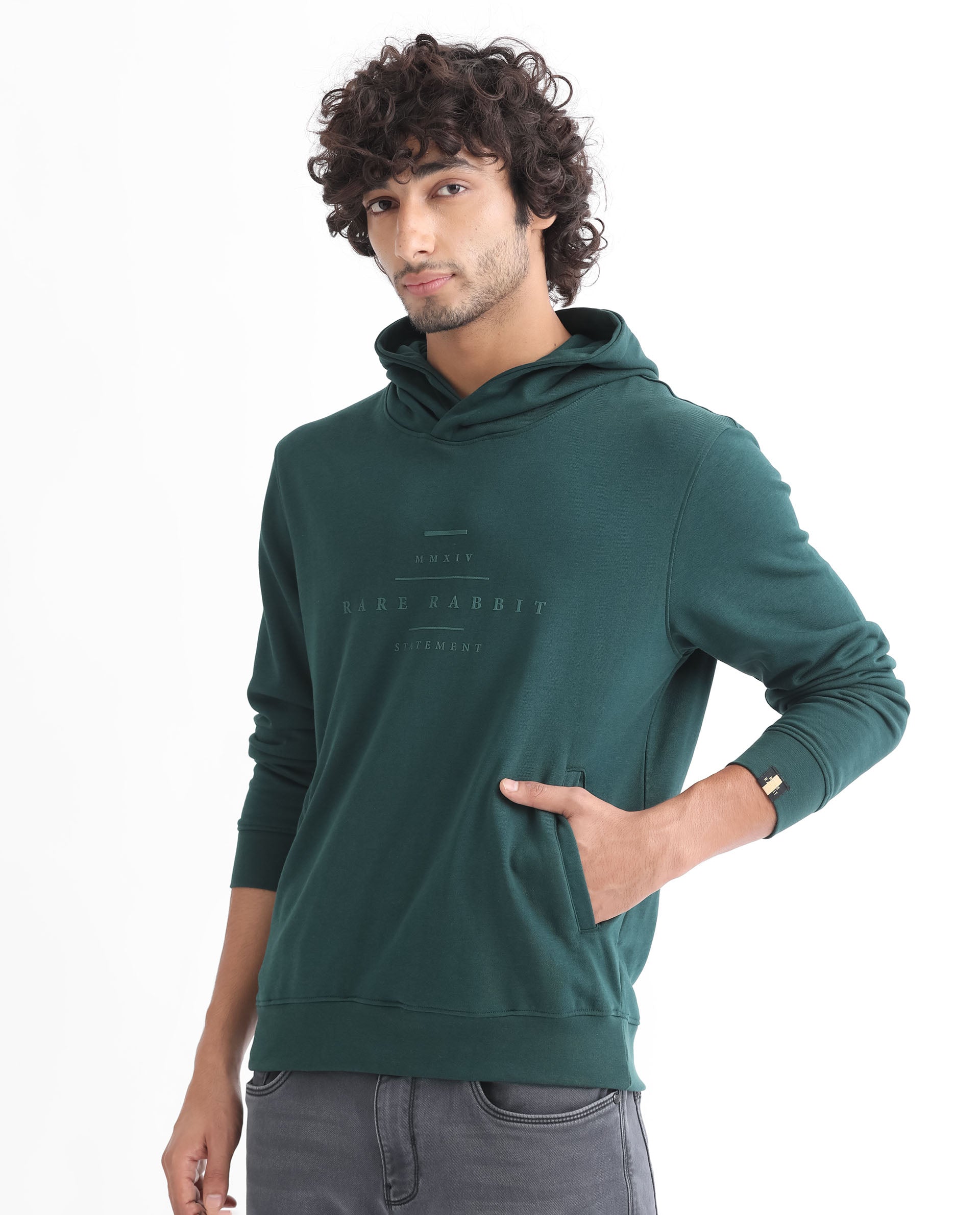 Rare Rabbit Mens Mile Dark Green Cotton Polyester Fabric Full Sleeves Graphic Printed Logo Hooded Sweatshirt