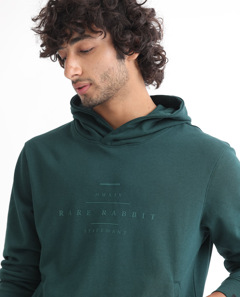 RARE RABBIT MENS MILE DARK GREEN SWEATSHIRT COTTON POLYESTER TERRY FABRIC HOODED NECK KNITTED FULL SLEEVES COMFORTABLE FIT
