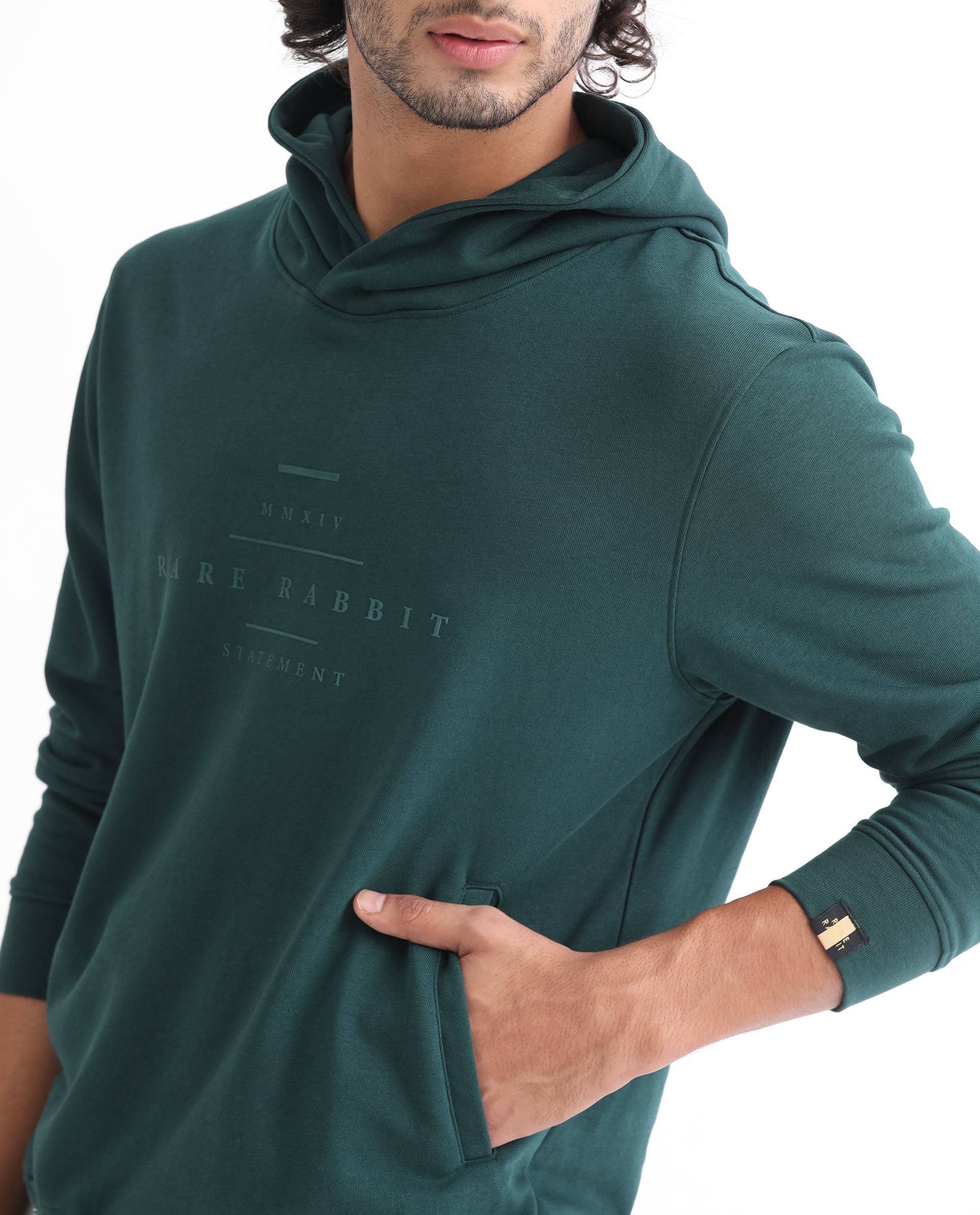 Rare Rabbit Mens Mile Dark Green Cotton Polyester Fabric Full Sleeves Graphic Printed Logo Hooded Sweatshirt